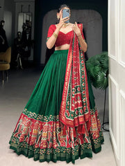 Dazzling Green Patola Printed Tussar Silk Lehenga Choli With Dupatta - Ethnic Plus In