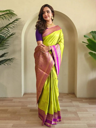 Dazzling Lime Green Zari Weaving Silk Saree With Blouse - Ethnic Plus In