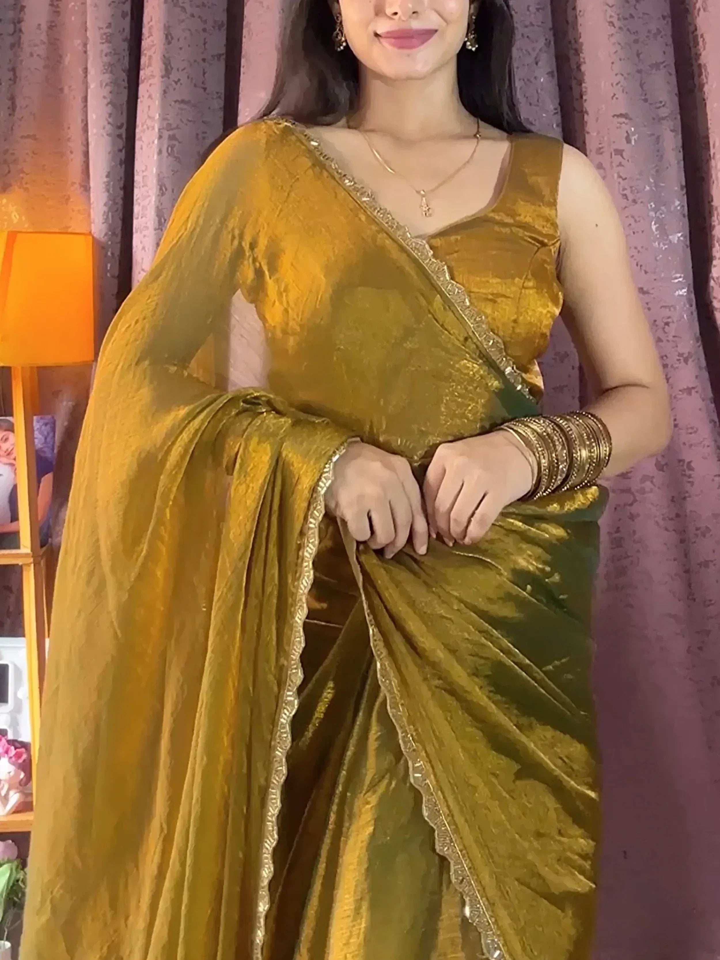 Golden velvet saree with gold border, Indian ethnic wear for women, festive occasion