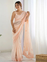 Dazzling Peach Georgette Sequins Embroidered Saree With Blouse - Ethnic Plus In