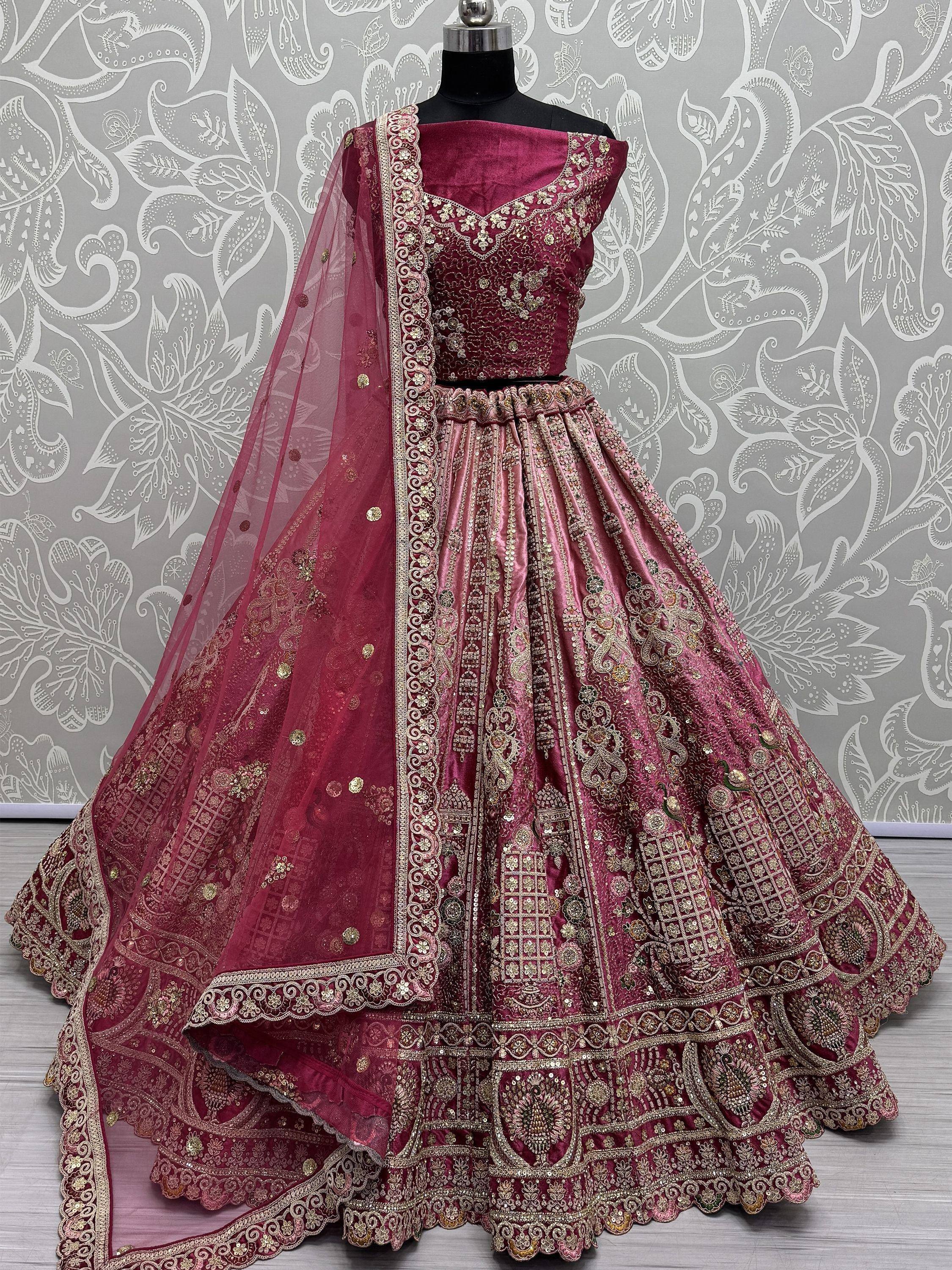 Burgundy designer lehenga choli with gold embroidery and net dupatta, Indian ethnic wear