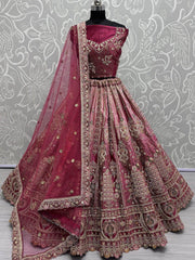 Dazzling Pink Embroidered Velvet Bridal Lehenga Choli With Dupatta - Ethnic Plus In