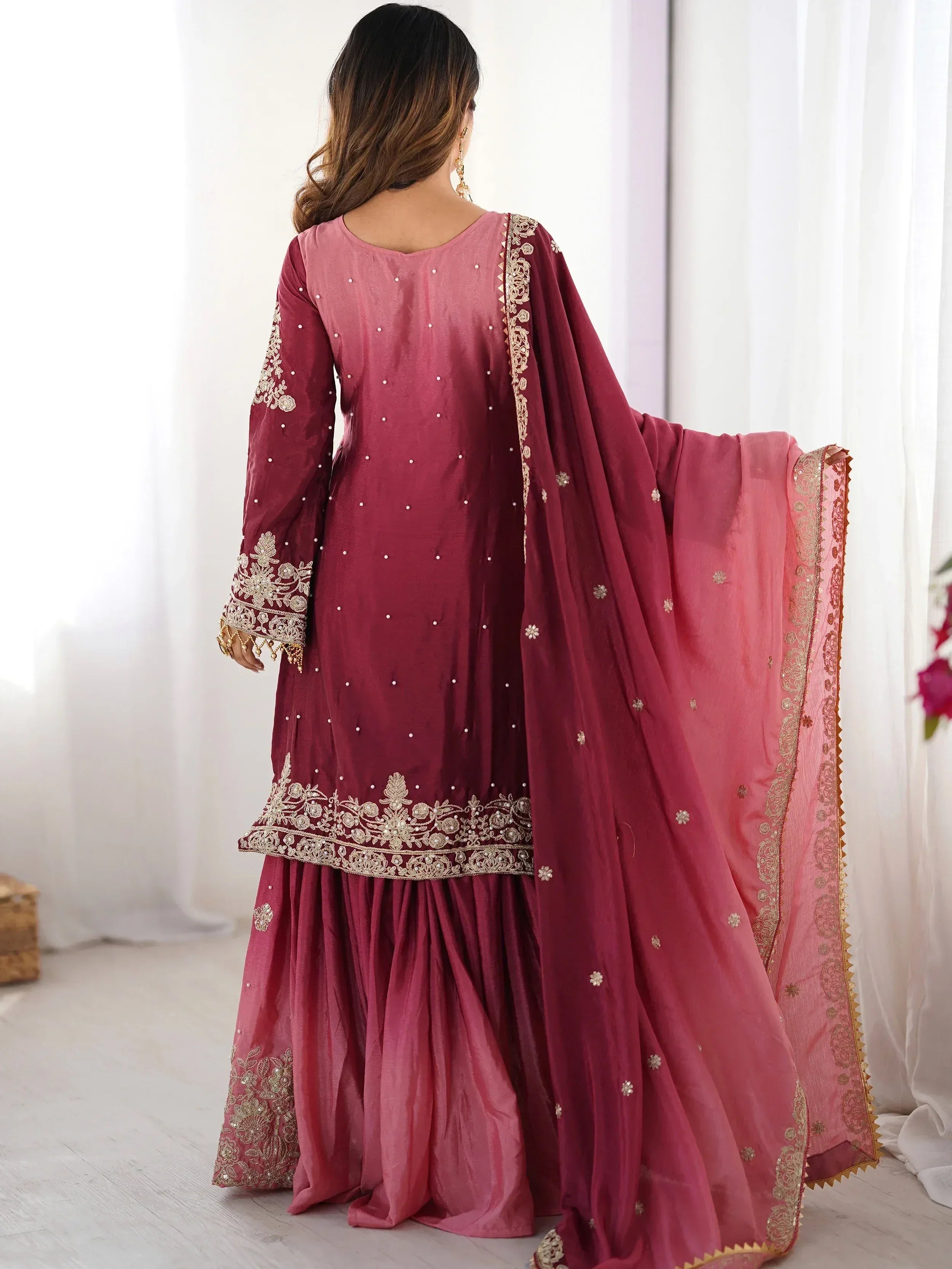 Maroon embroidered salwar kameez with gold detailing and matching dupatta, Indian ethnic wear