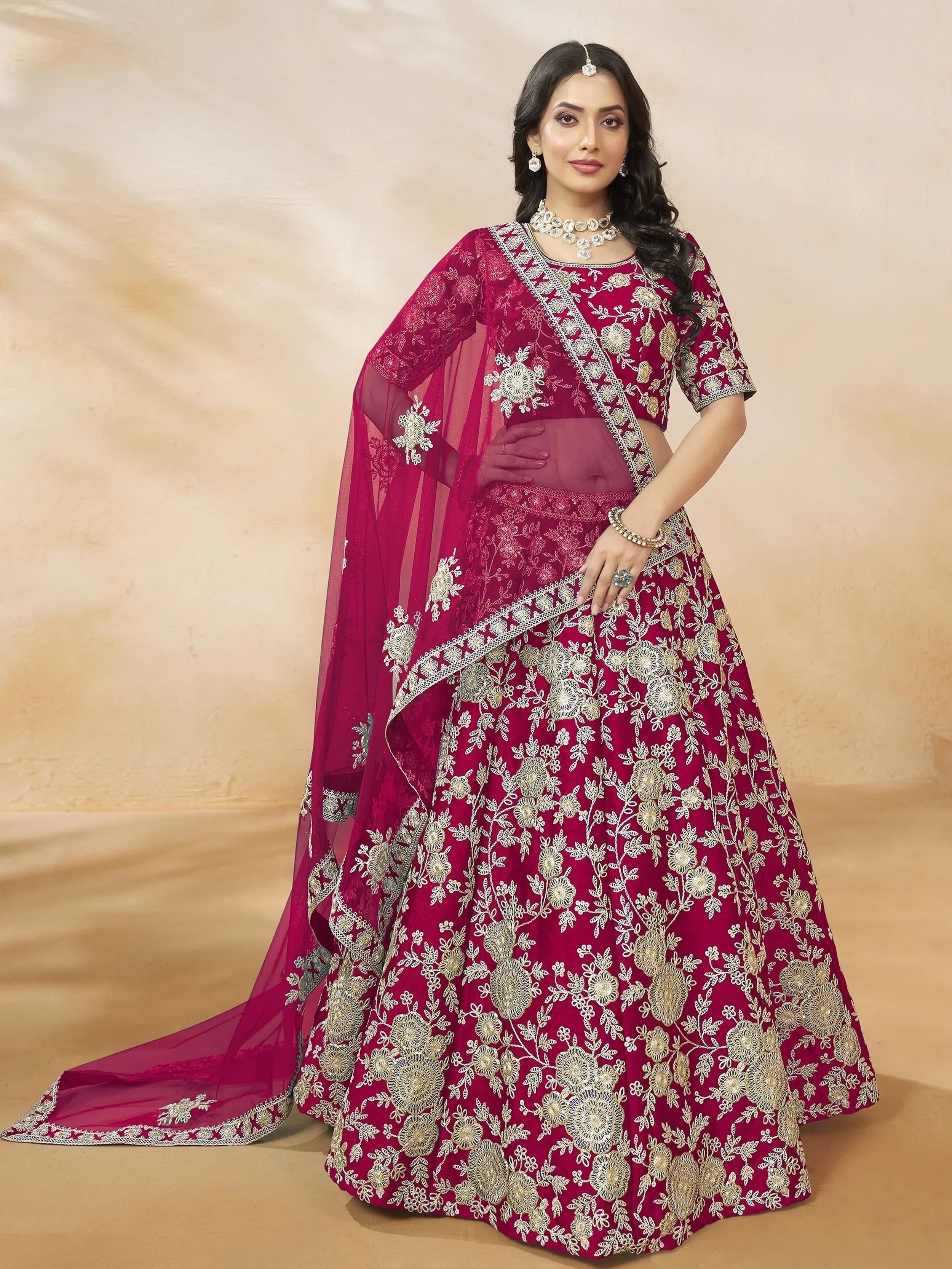 Dazzling Pink Silk Thread Embroidered Lehenga Choli - Ethnic Plus In