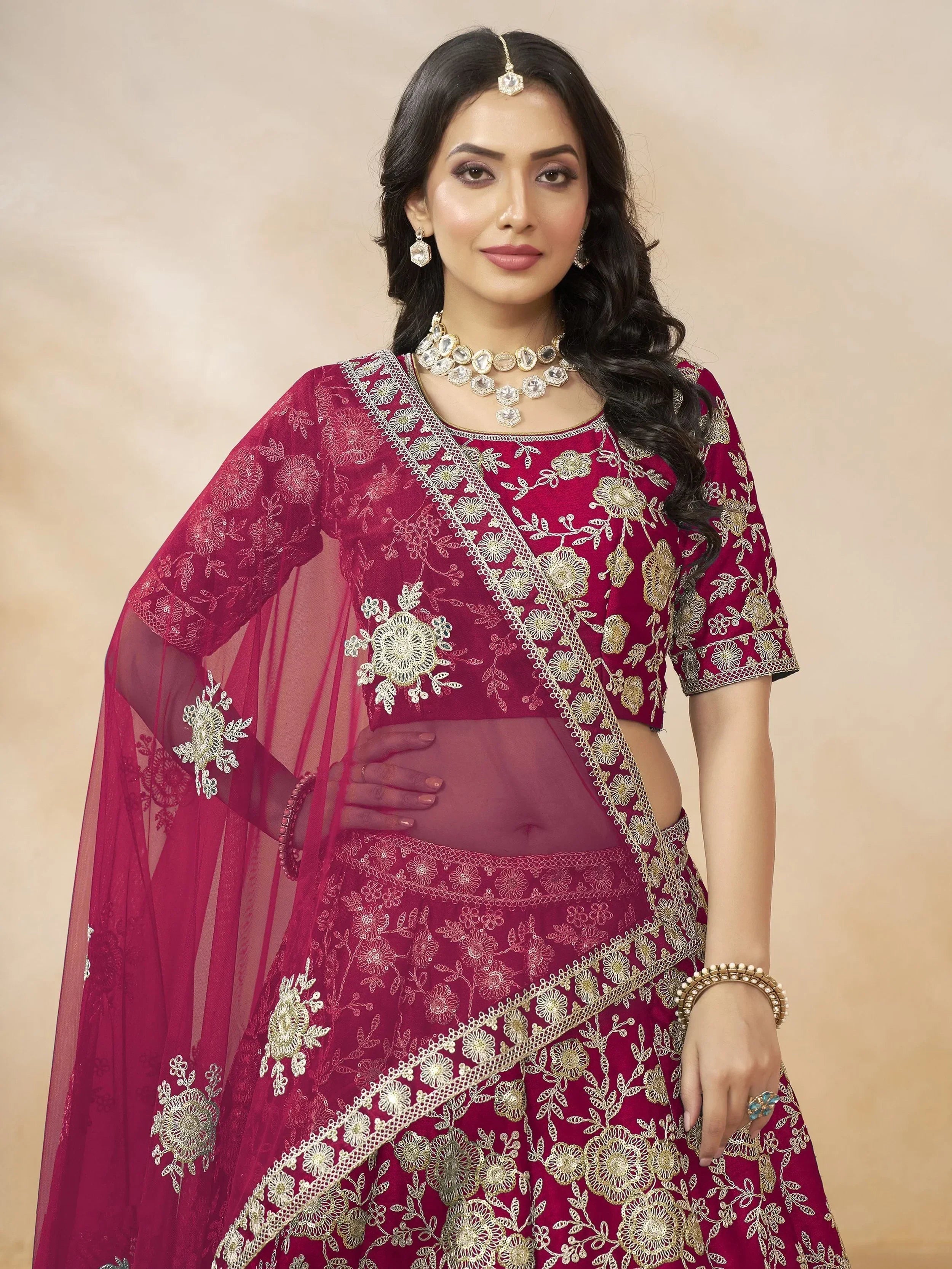 Dazzling Pink Silk Thread Embroidered Lehenga Choli - Ethnic Plus In