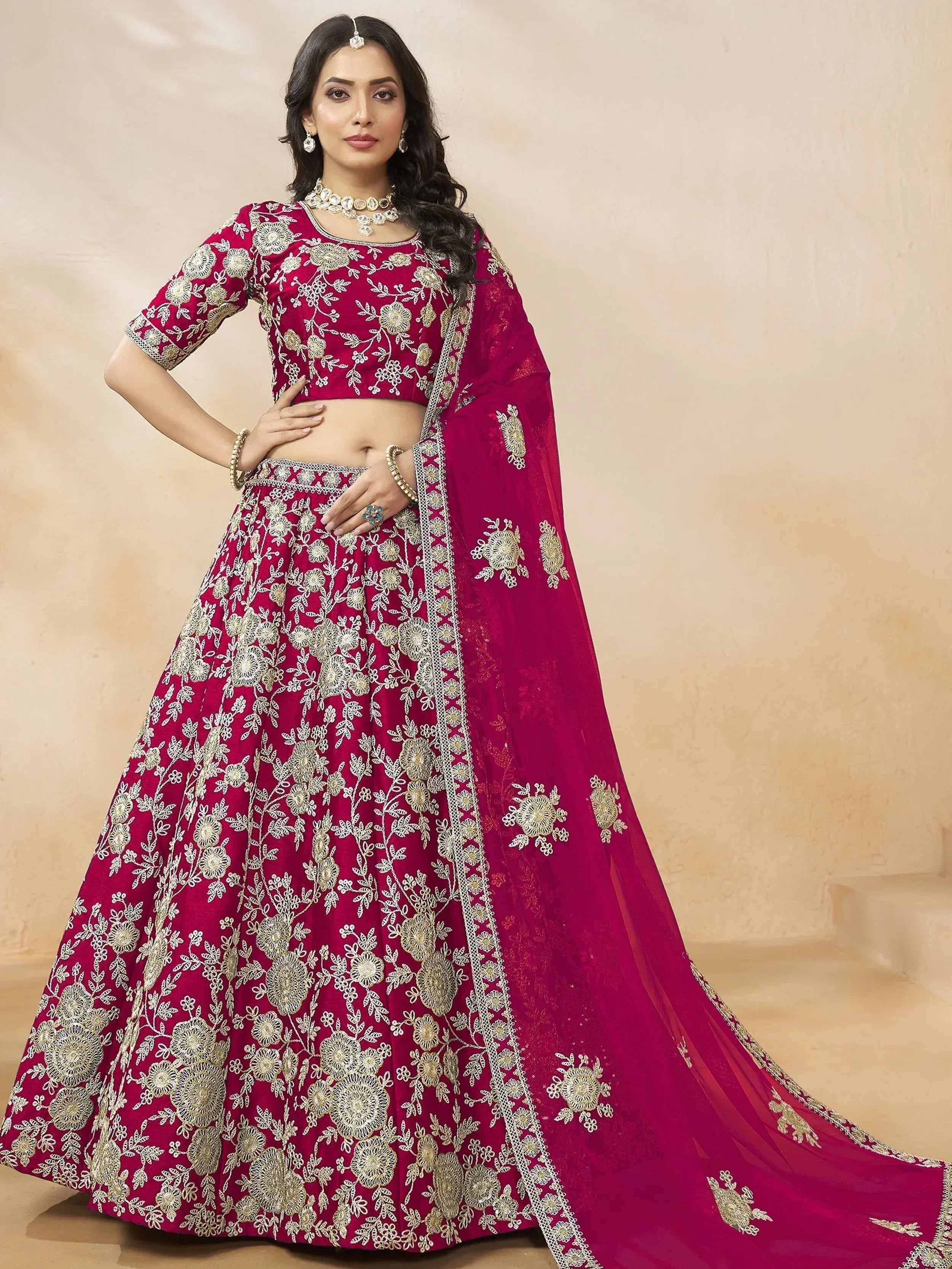 Burgundy floral embroidered lehenga choli with matching dupatta, Indian ethnic wear for weddings