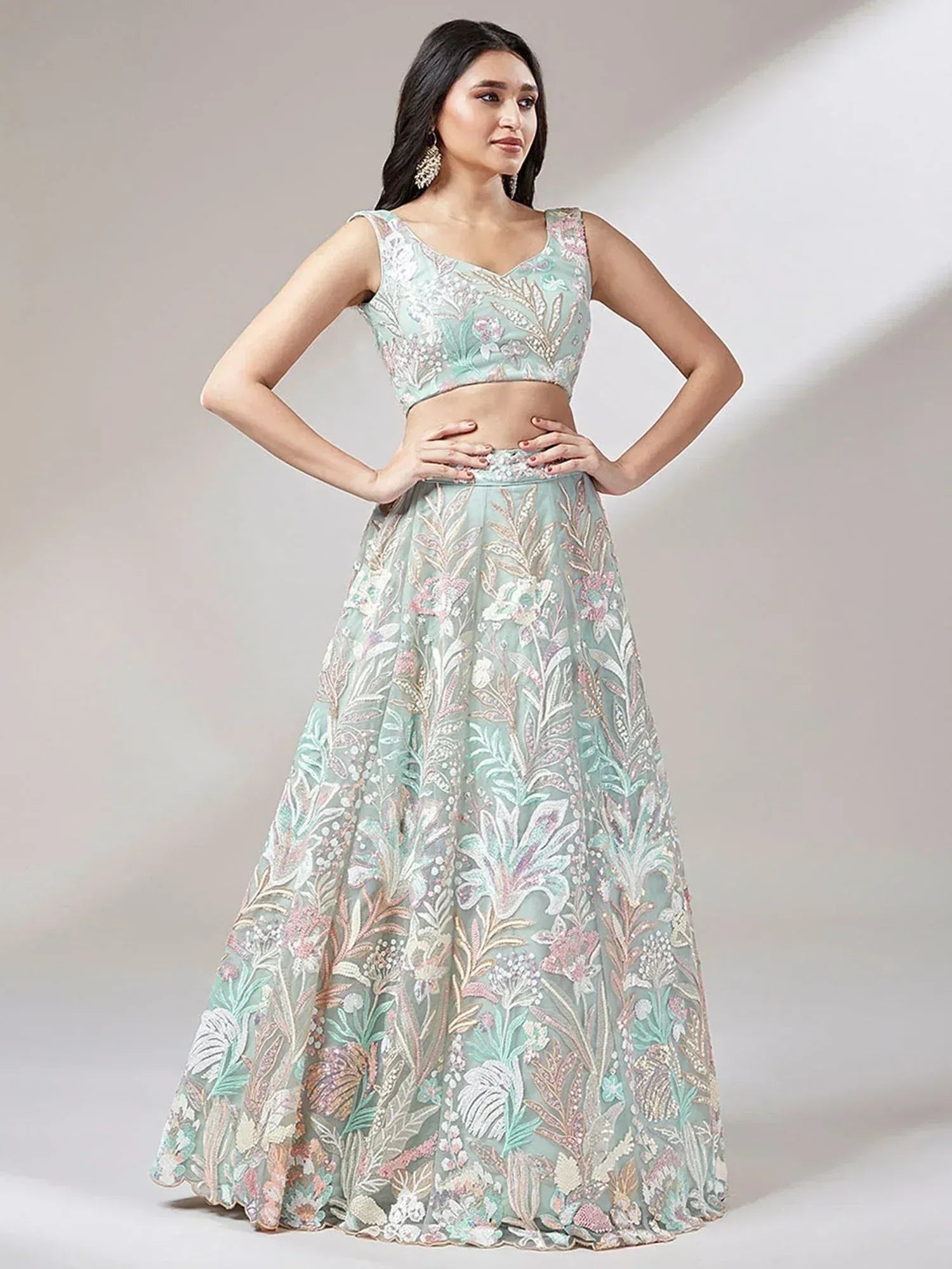 Mint green floral embroidered lehenga choli for women, perfect for weddings and festive occasions