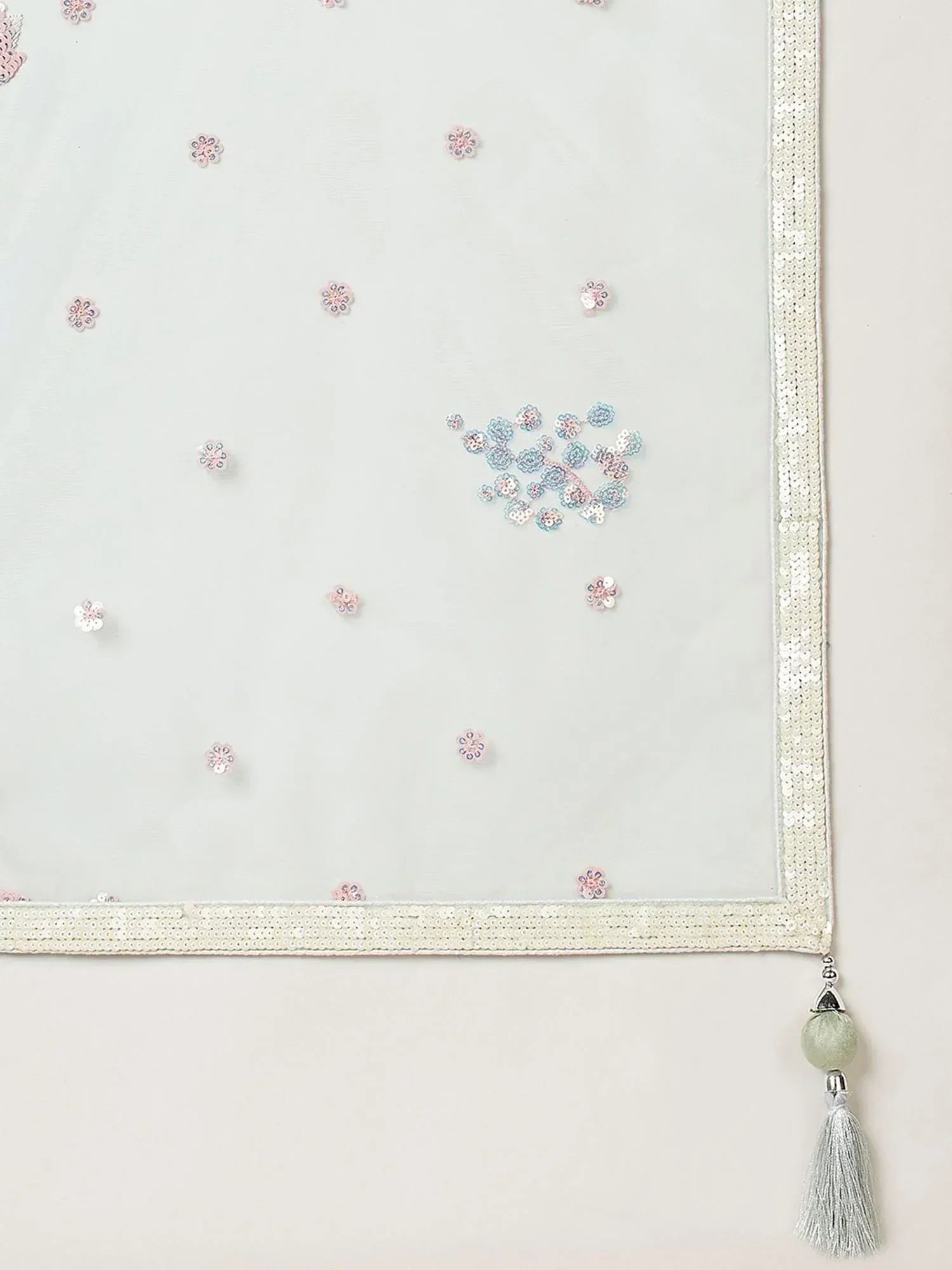 Light mint green dupatta with floral sequin embroidery, silver sequin border, and tassel detail