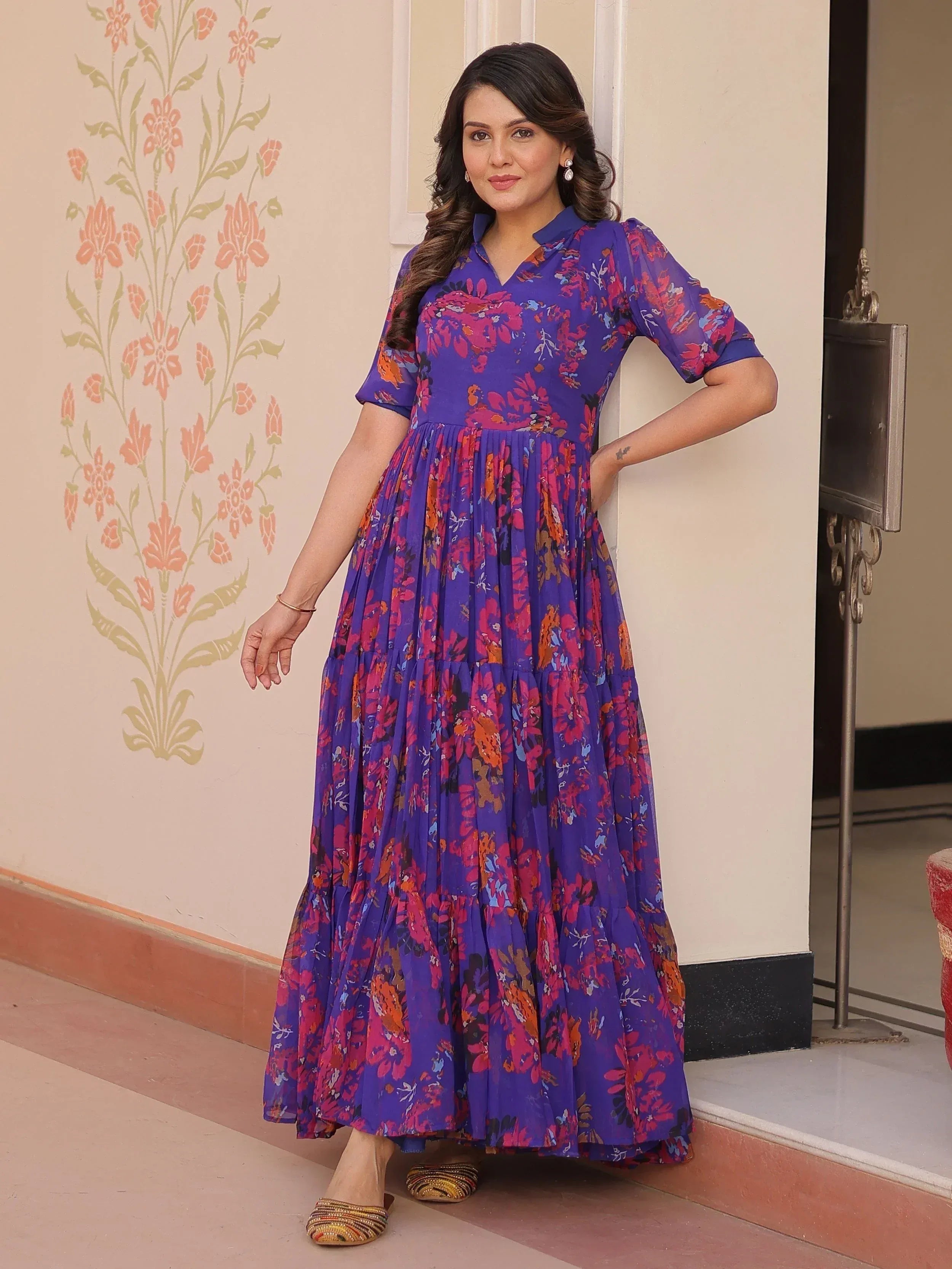 Purple floral ethnic gown with pleated skirt, perfect for Indian occasions and festive wear