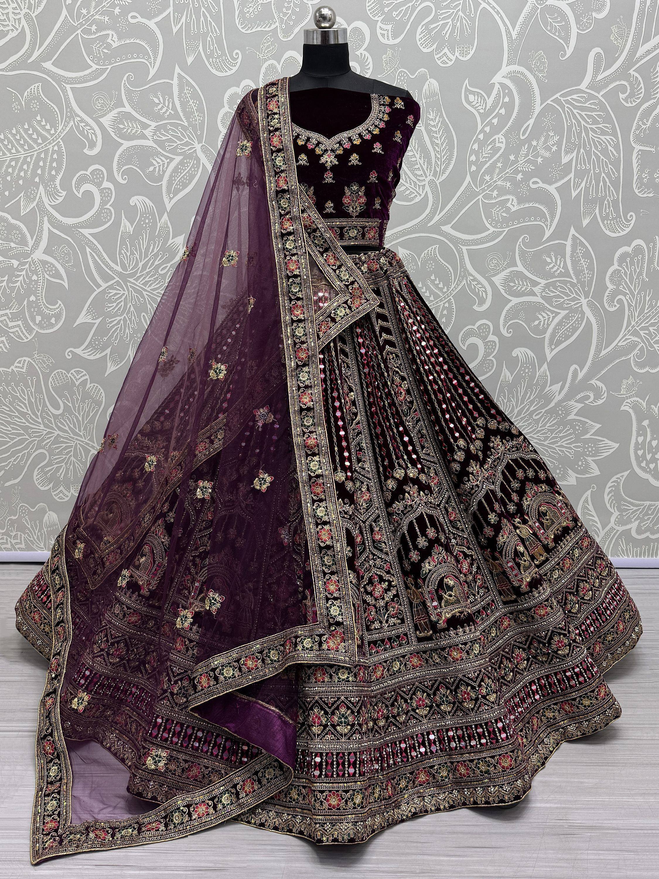 Purple velvet designer lehenga choli with heavy embroidery and dupatta, Indian ethnic wear