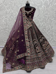 Dazzling Purple Velvet Bridal Lehenga Choli With Double Dupatta - Ethnic Plus In