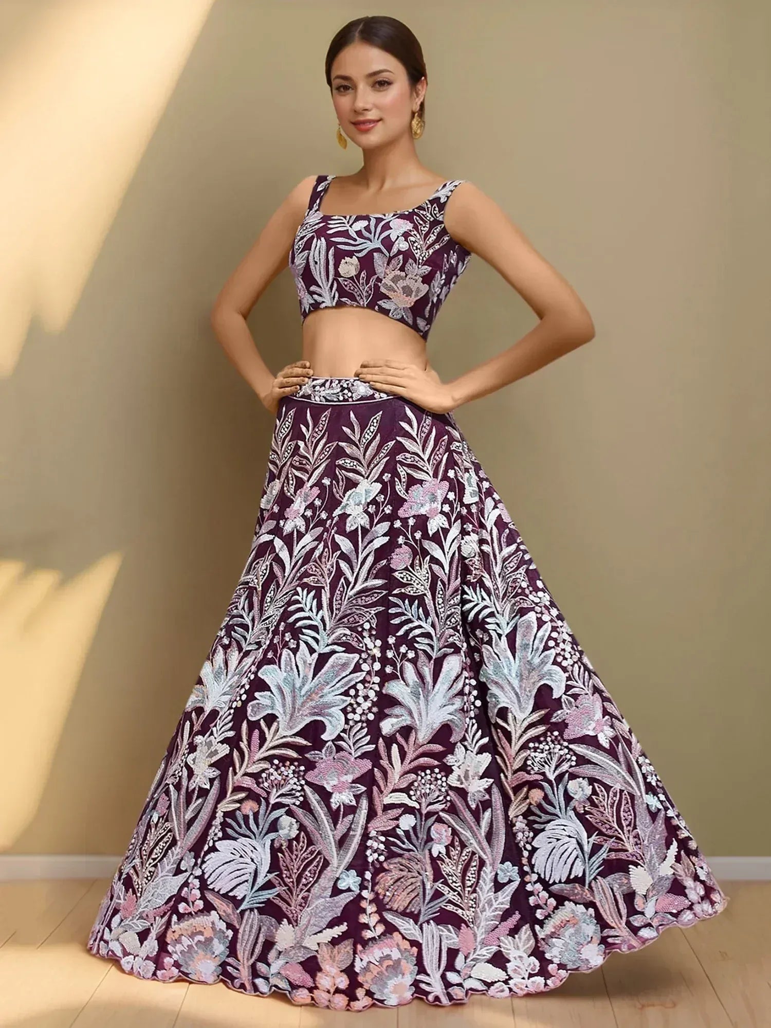 Purple floral embroidered lehenga choli with crop top, perfect for Indian ethnic wear occasions