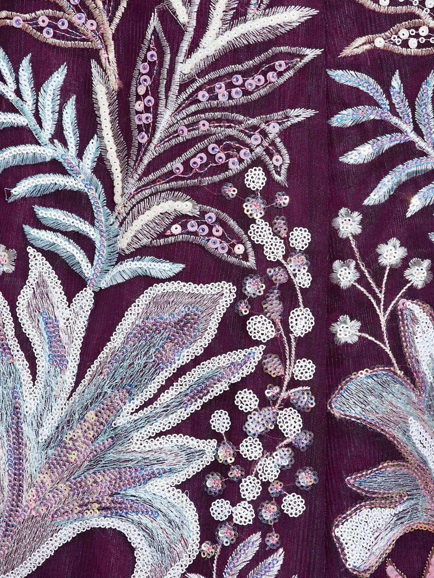 Intricate floral embroidery with sequins on deep purple ethnic wear fabric