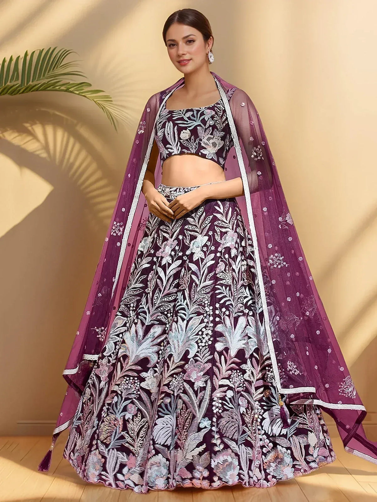 Purple floral embroidered lehenga choli with sheer dupatta, Indian ethnic wear for weddings and parties