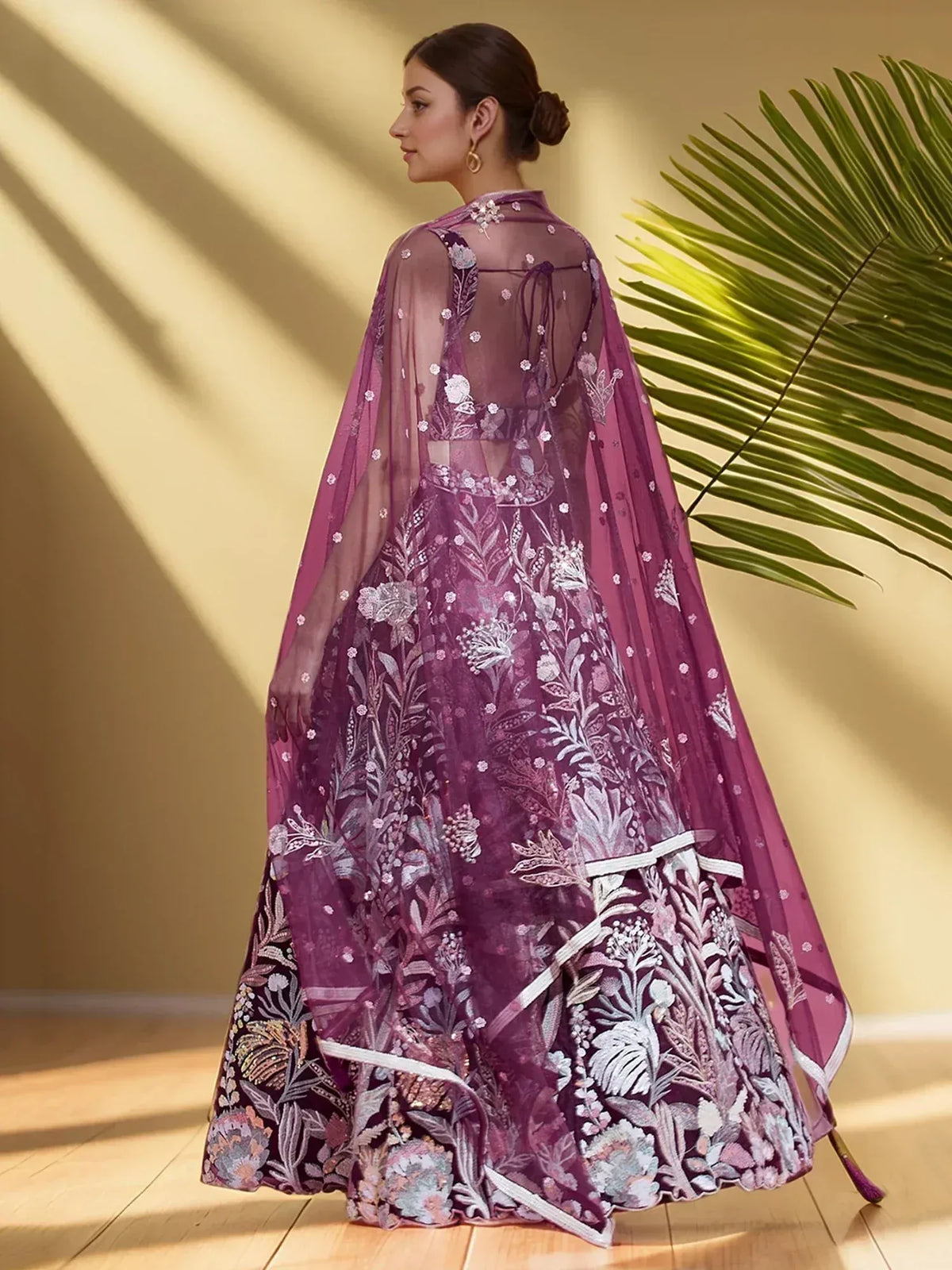 Purple floral embroidered lehenga choli with sheer cape, Indian ethnic wear for weddings