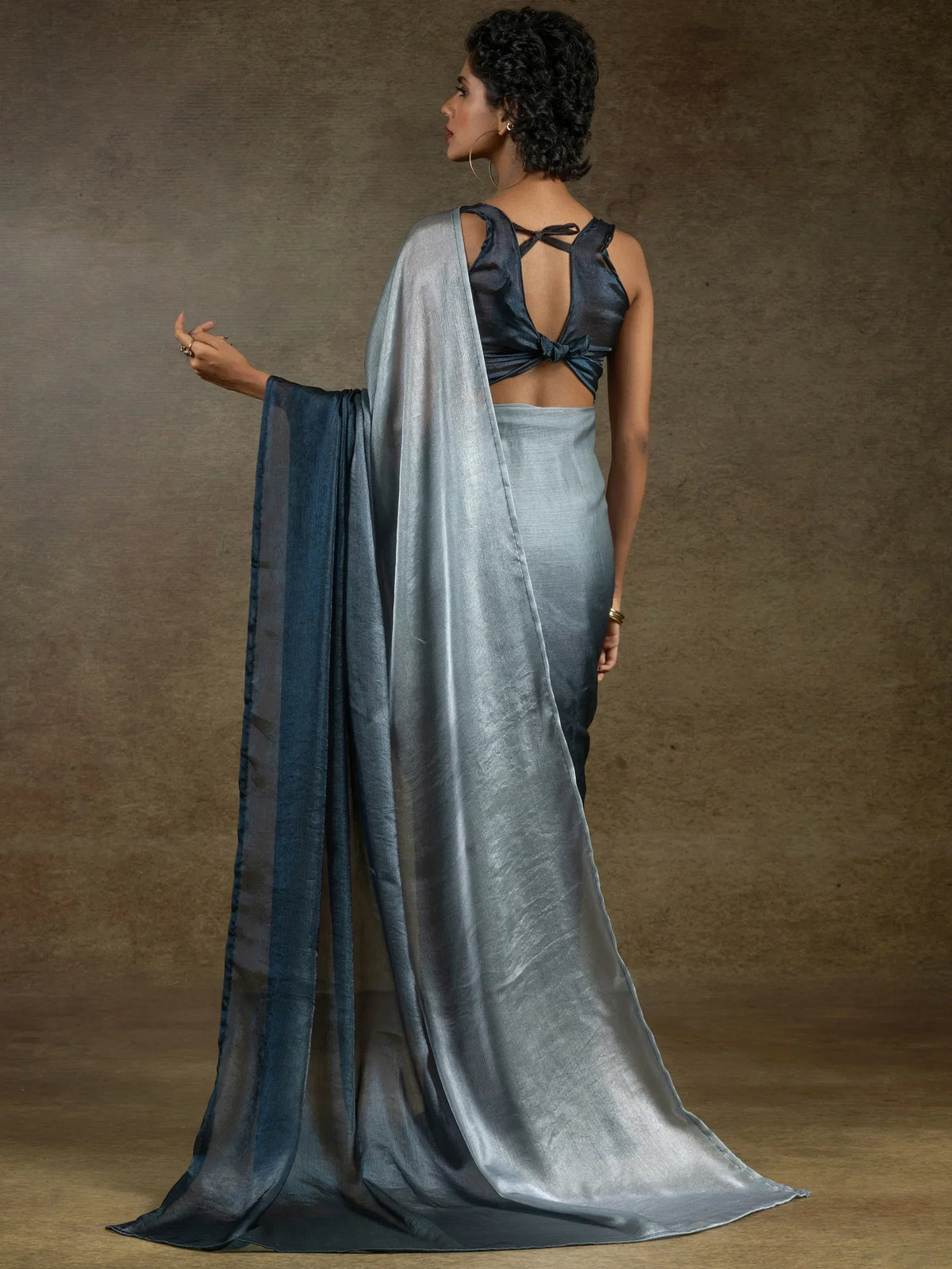 Blue ombre saree with backless blouse, elegant Indian ethnic wear for women