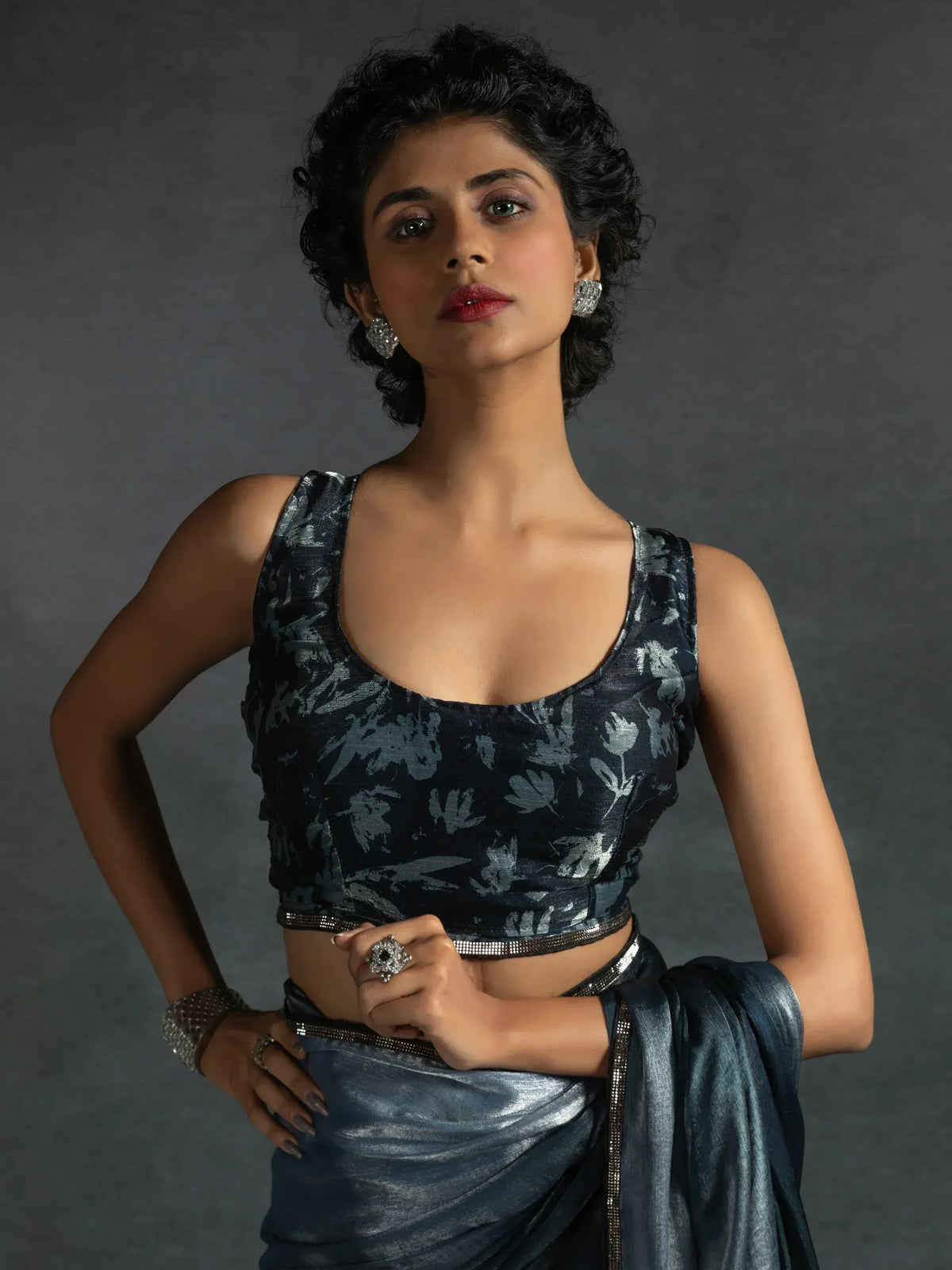 Stylish blue floral saree with embellished blouse, perfect for Indian ethnic occasions