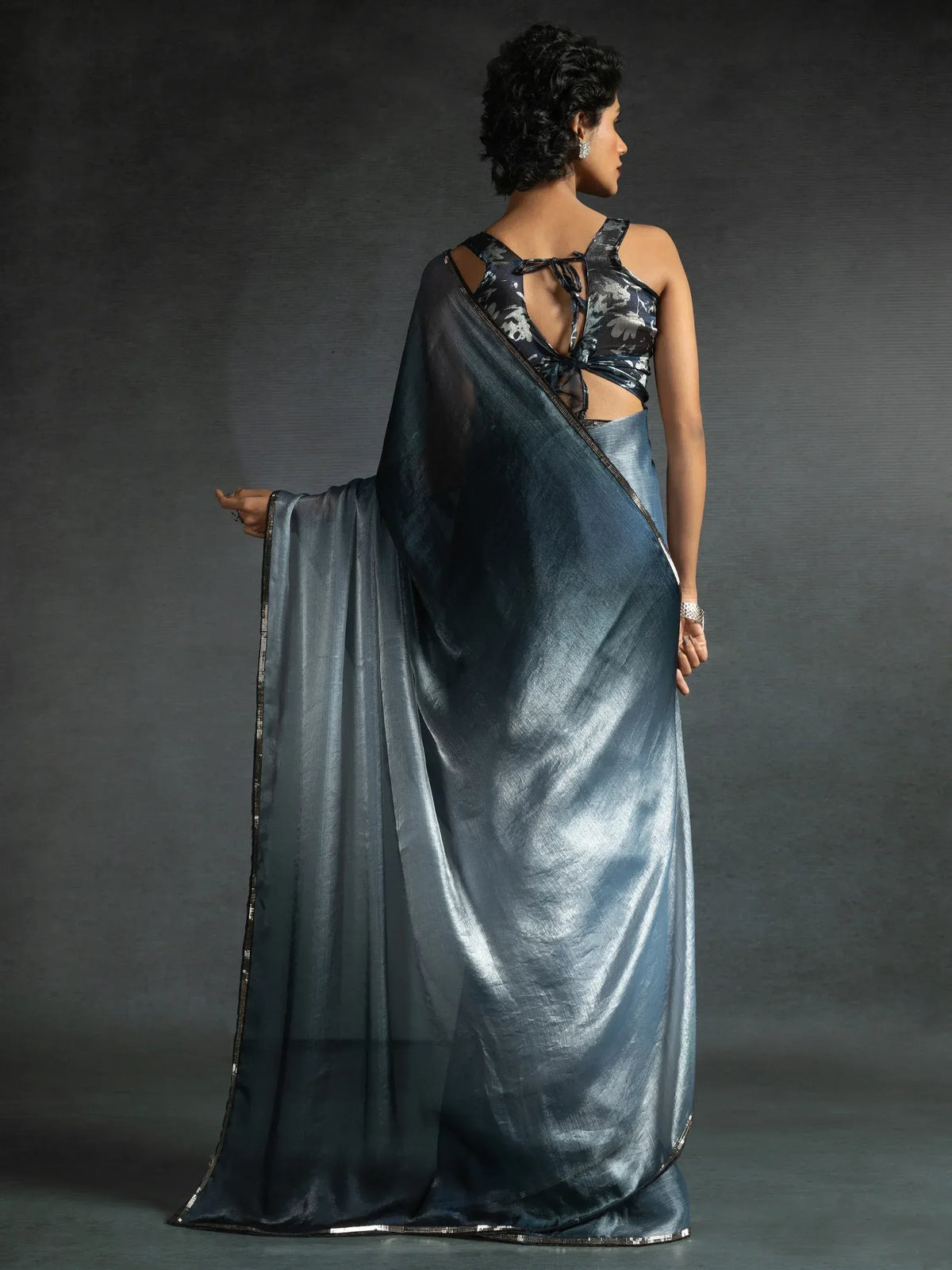 Blue metallic saree with floral blouse, elegant ethnic wear for women