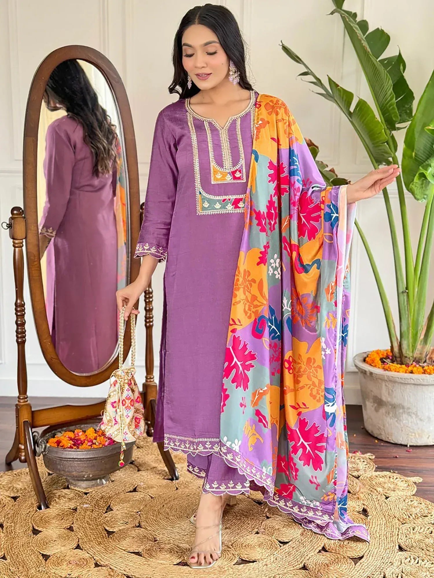 Purple embroidered kurta with floral dupatta, ethnic Indian wear for women