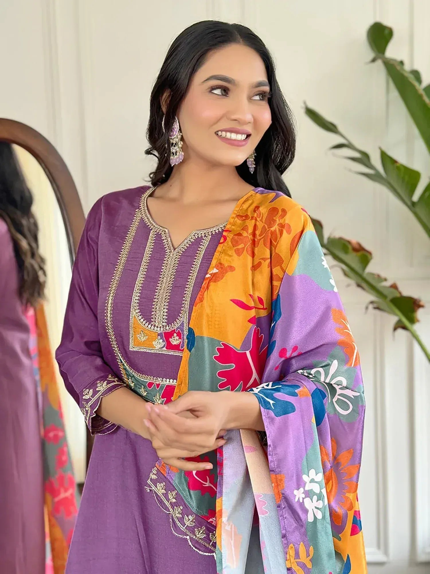 Purple embroidered kurta with colorful floral dupatta, Indian ethnic wear