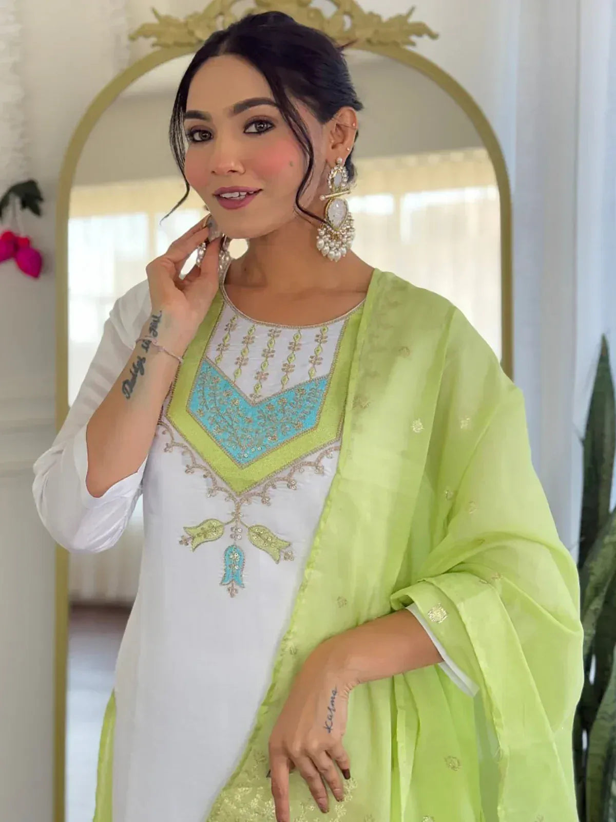 White and lime green embroidered salwar kameez with matching dupatta, perfect for Indian ethnic wear