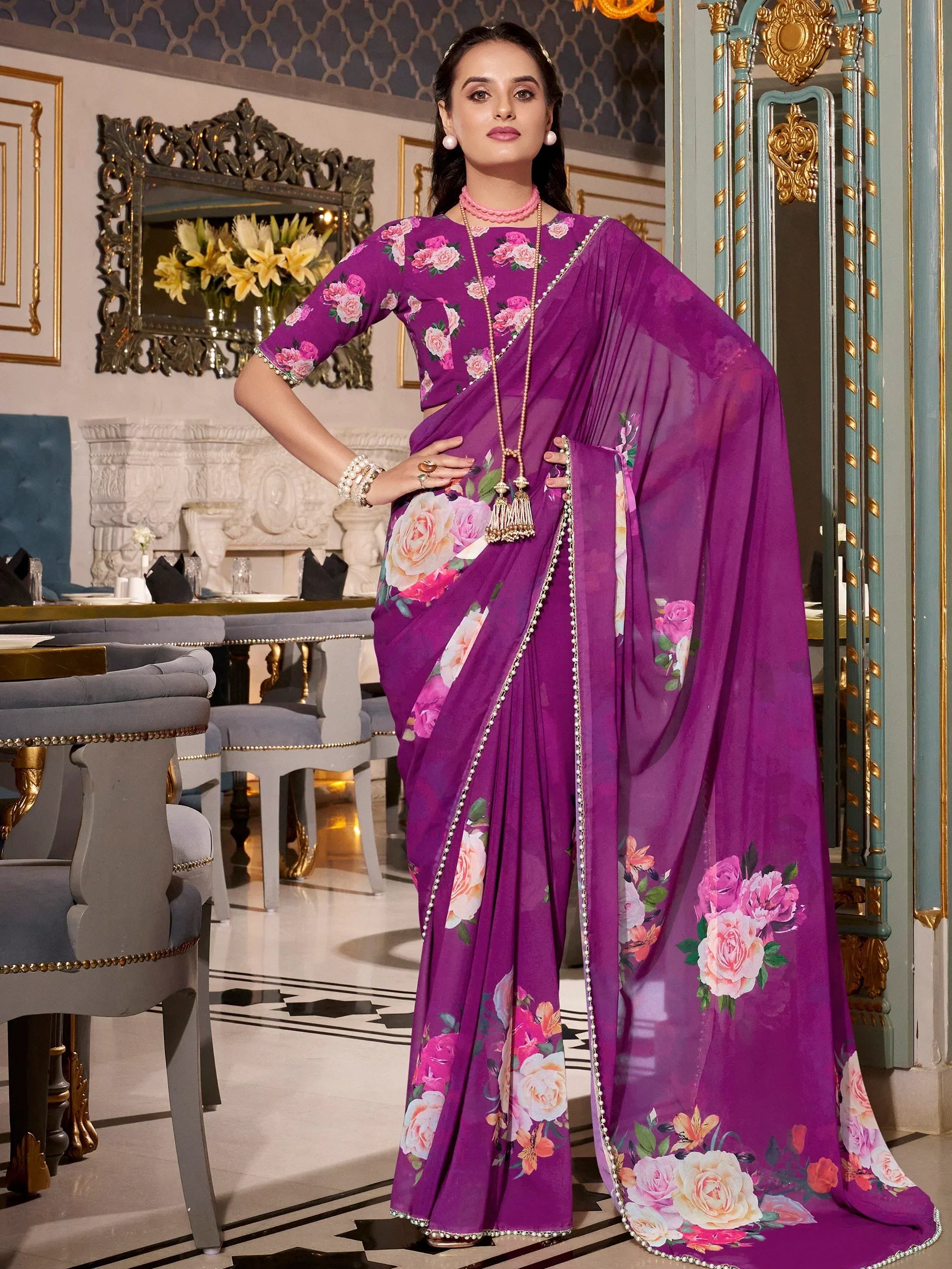 Purple floral print saree with pearl border, perfect for Indian ethnic occasions