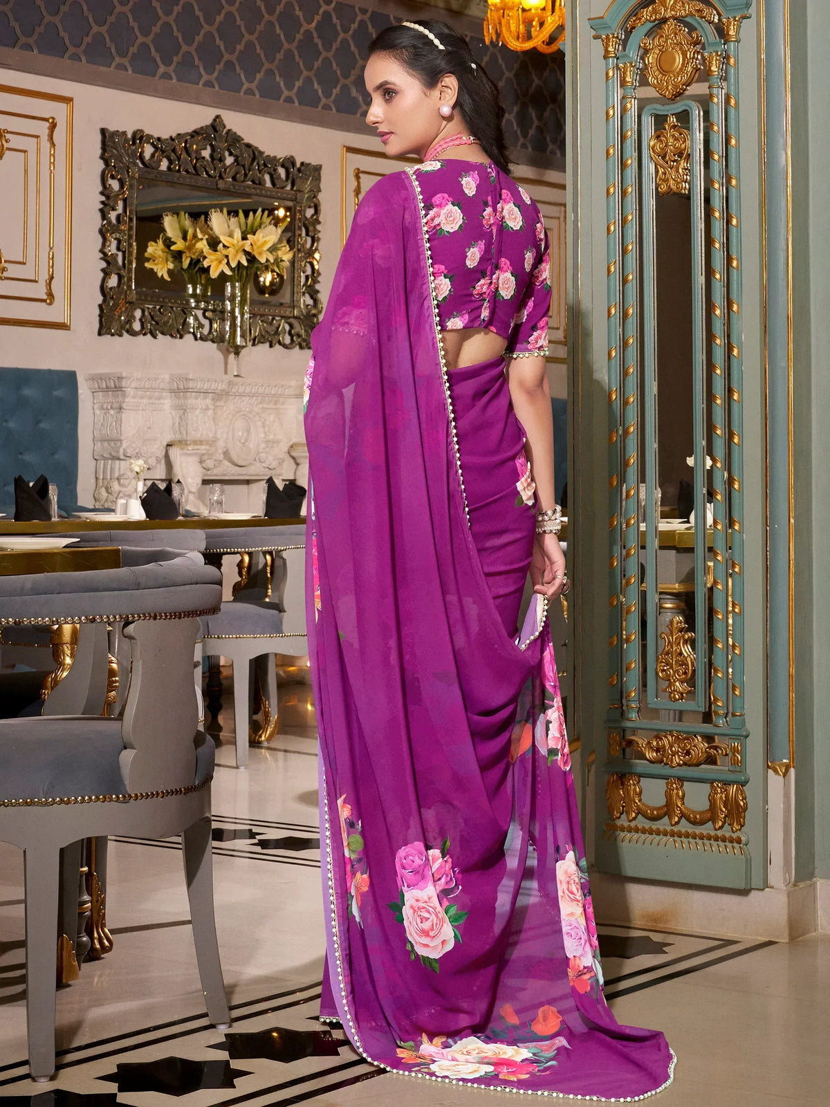 Purple floral saree with elegant embroidery, perfect for ethnic occasions