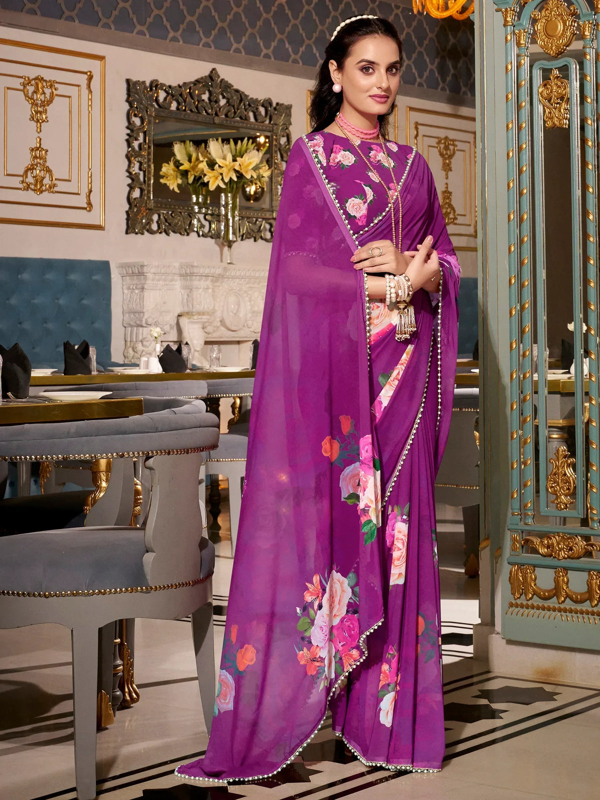 Purple floral saree with pearl border, elegant Indian ethnic wear for women