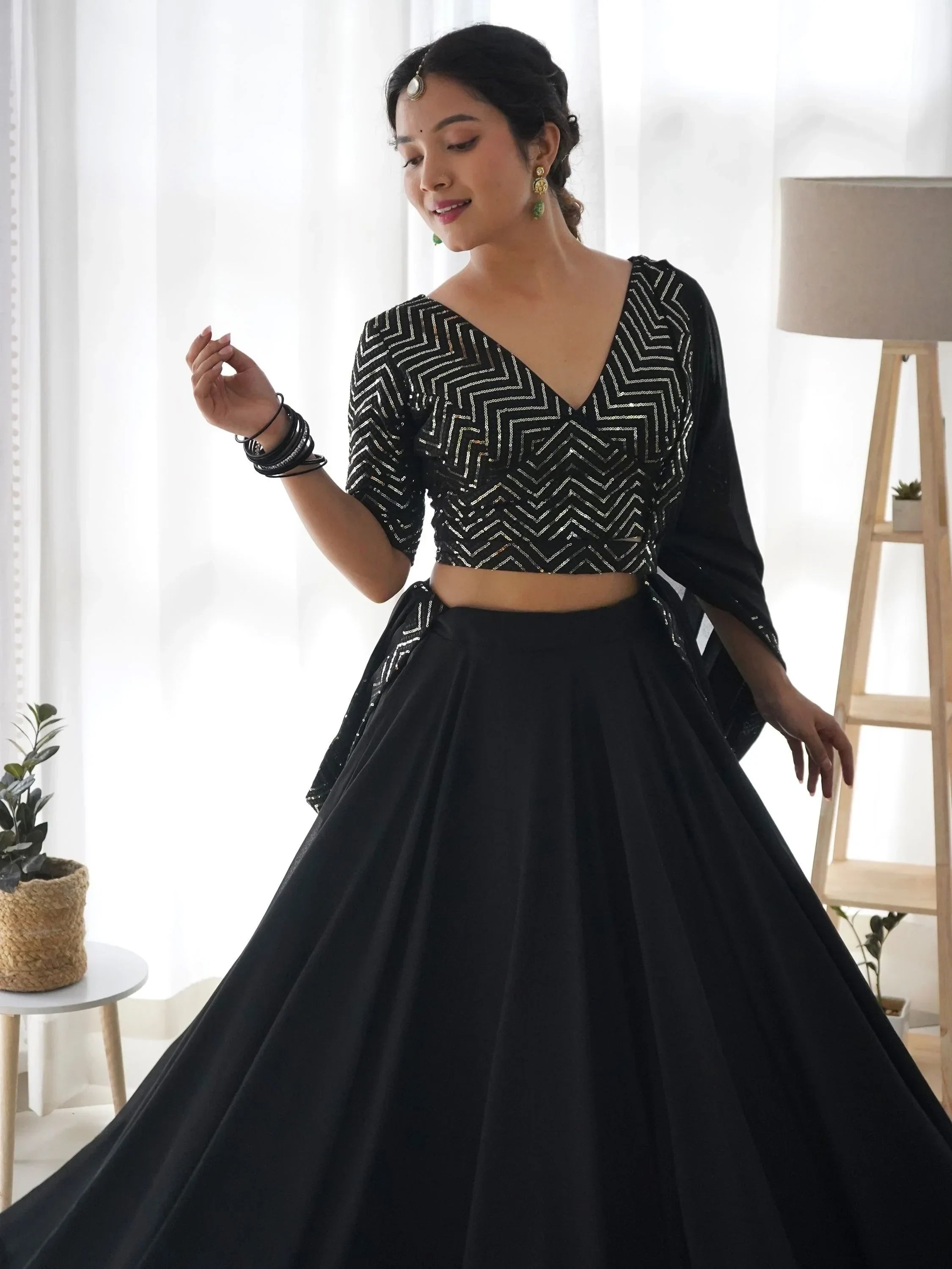 Black sequin lehenga choli with geometric pattern, ethnic wear for women
