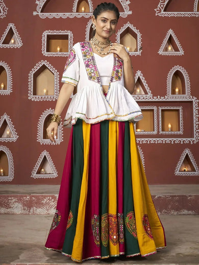 Desirable Multi Color Embroidered Navratri Lehenga Choli With Jacket - Ethnic Plus In