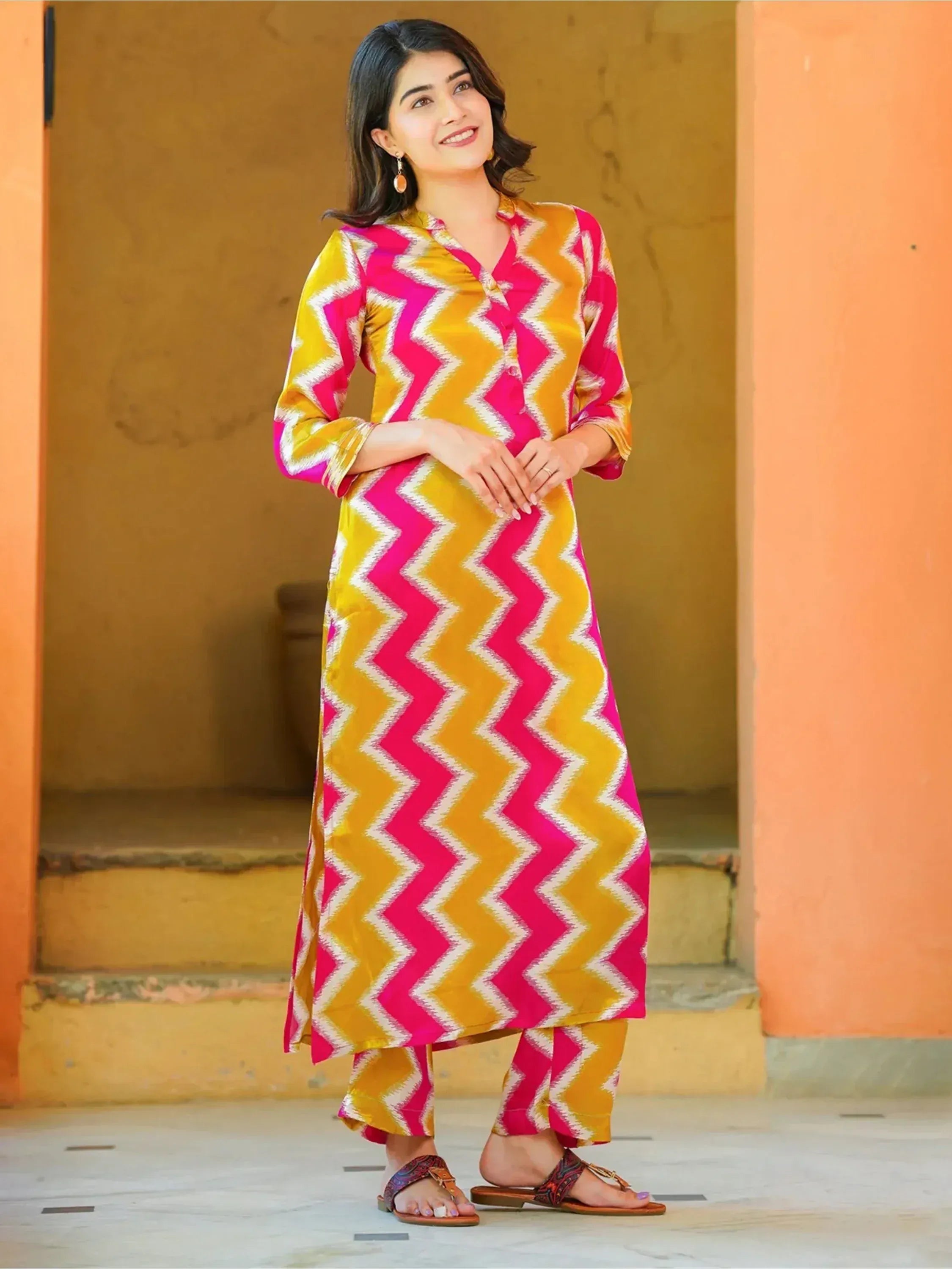 Vibrant pink and yellow chevron print salwar kameez, Indian ethnic wear for women