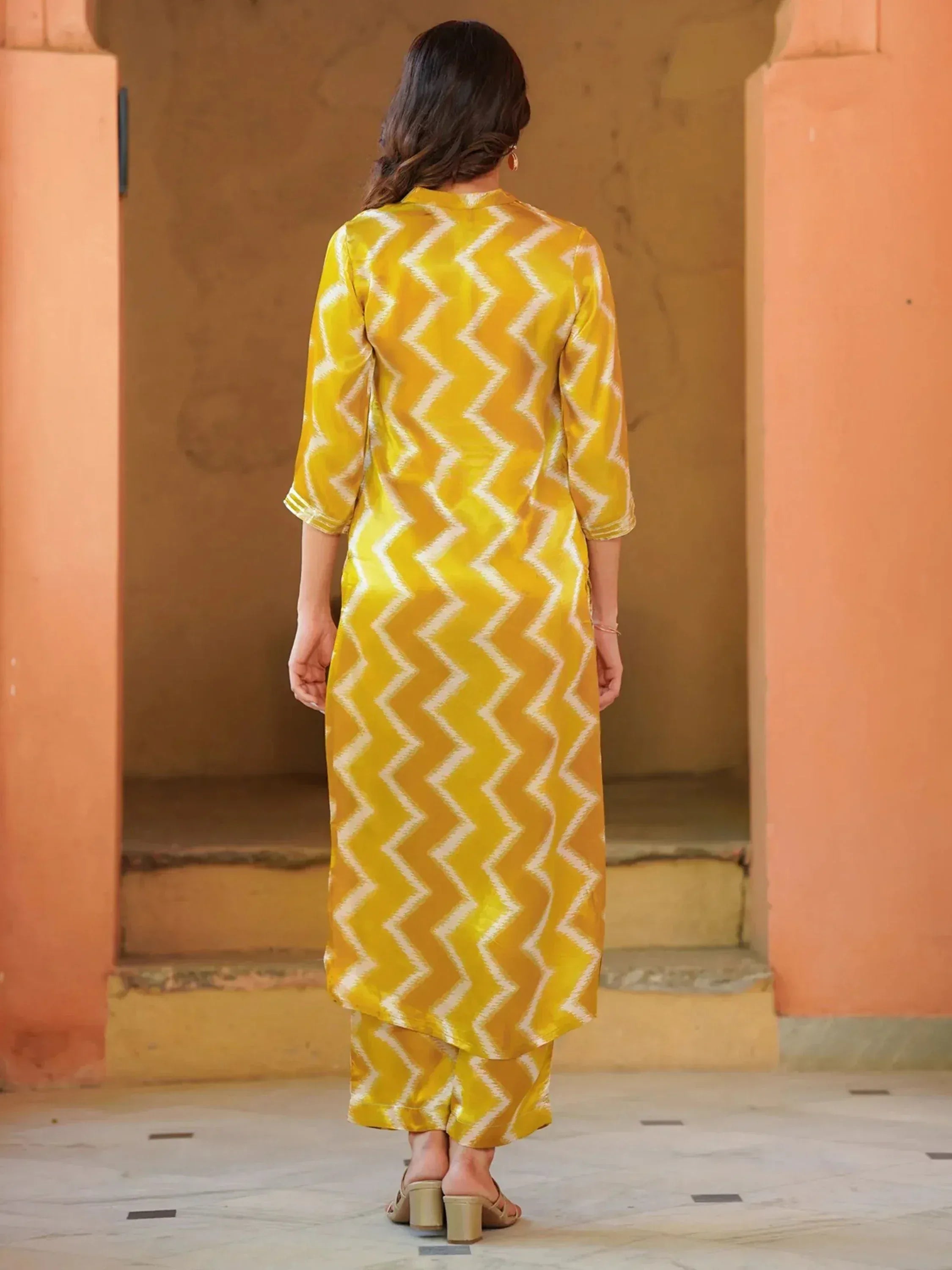 Yellow zigzag print kurta with matching palazzo pants, ethnic Indian wear