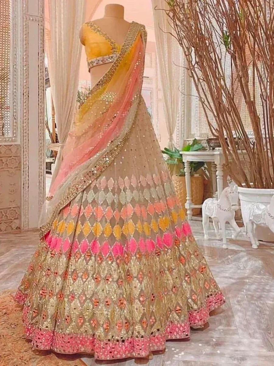 Designer lehenga choli with ombre dupatta, perfect for Indian weddings and festive occasions