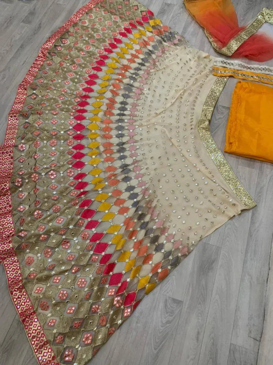 Colorful embroidered lehenga choli with sequin detailing, perfect for Indian ethnic wear occasions