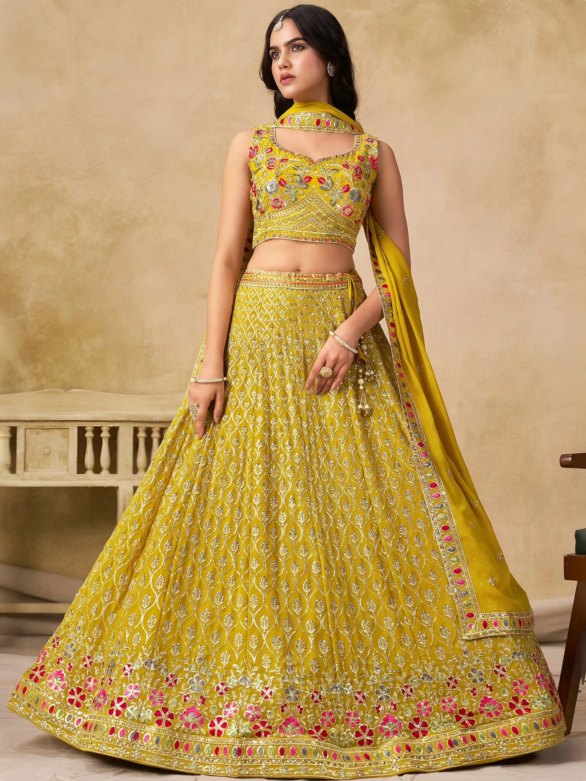 Classic Yellow Zari Embroidered Georgette Haldi Wear Lehenga Choli