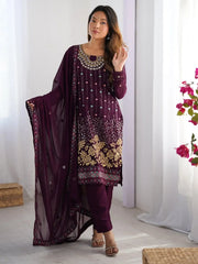Dramatic Wine Georgette Sequins Event Wear Straight Suit - Ethnic Plus In