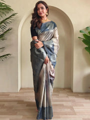 Dreamy Grey Silk Casual Wear Saree With Blouse - Ethnic Plus In