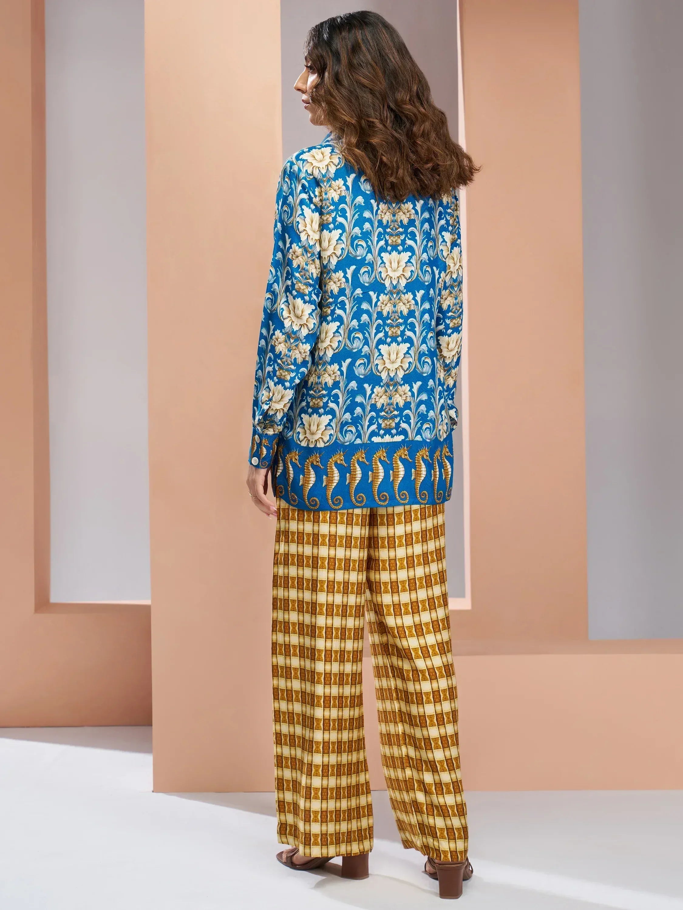 Blue floral kurta with seahorse border and checkered palazzo pants, ethnic wear for women