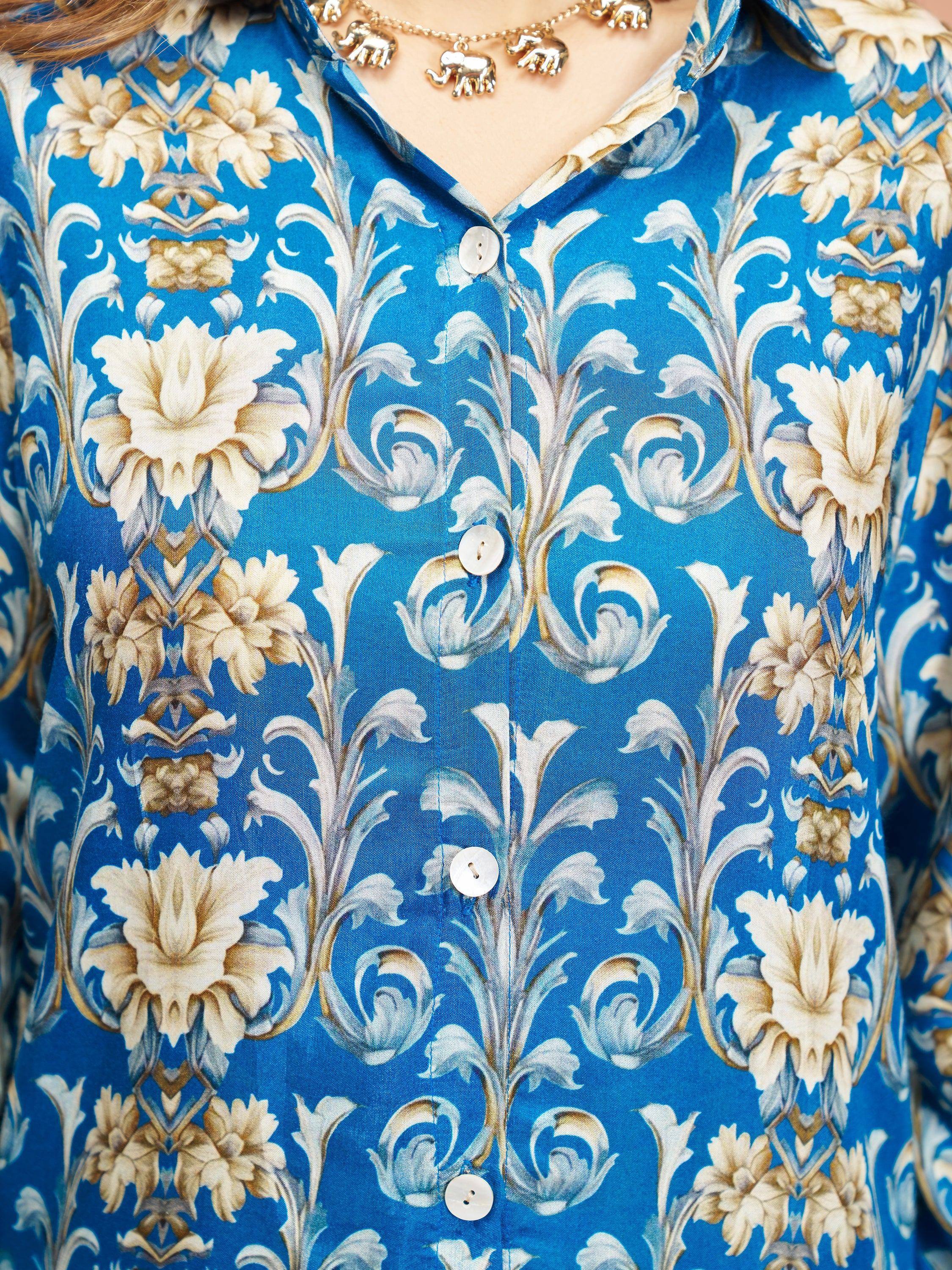 Blue floral print ethnic kurta with button front and elephant necklace