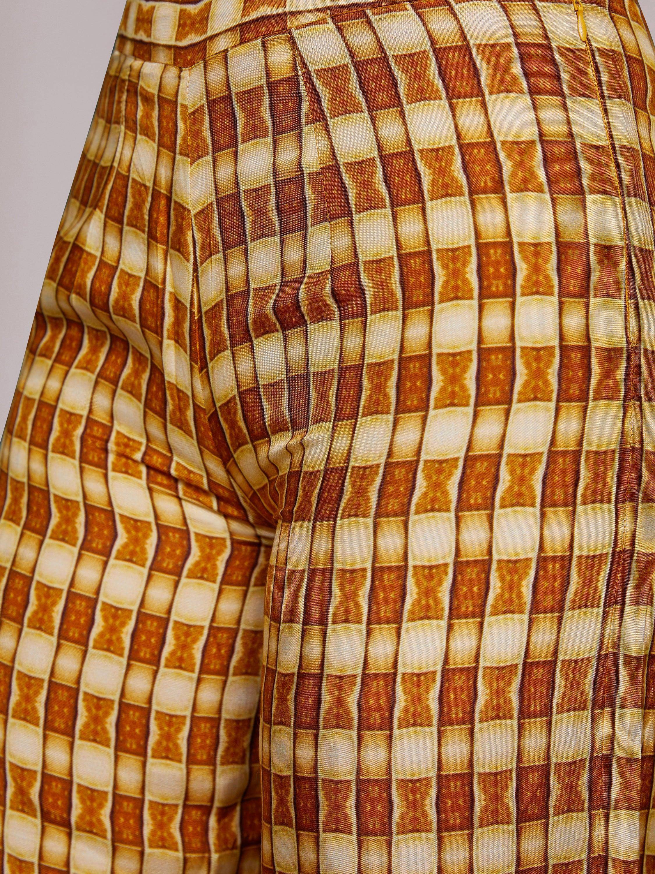 Brown and cream checkered ethnic skirt with pleated design and side zipper