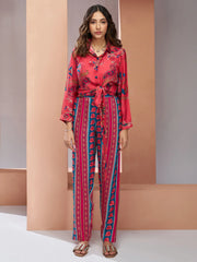 Glamorous Coral Pink Digital Printed Silk Office Wear Co-Ord Set