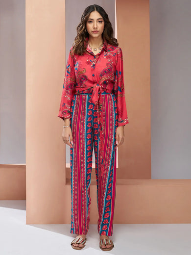 Glamorous Coral Pink Digital Printed Silk Office Wear Co-Ord Set