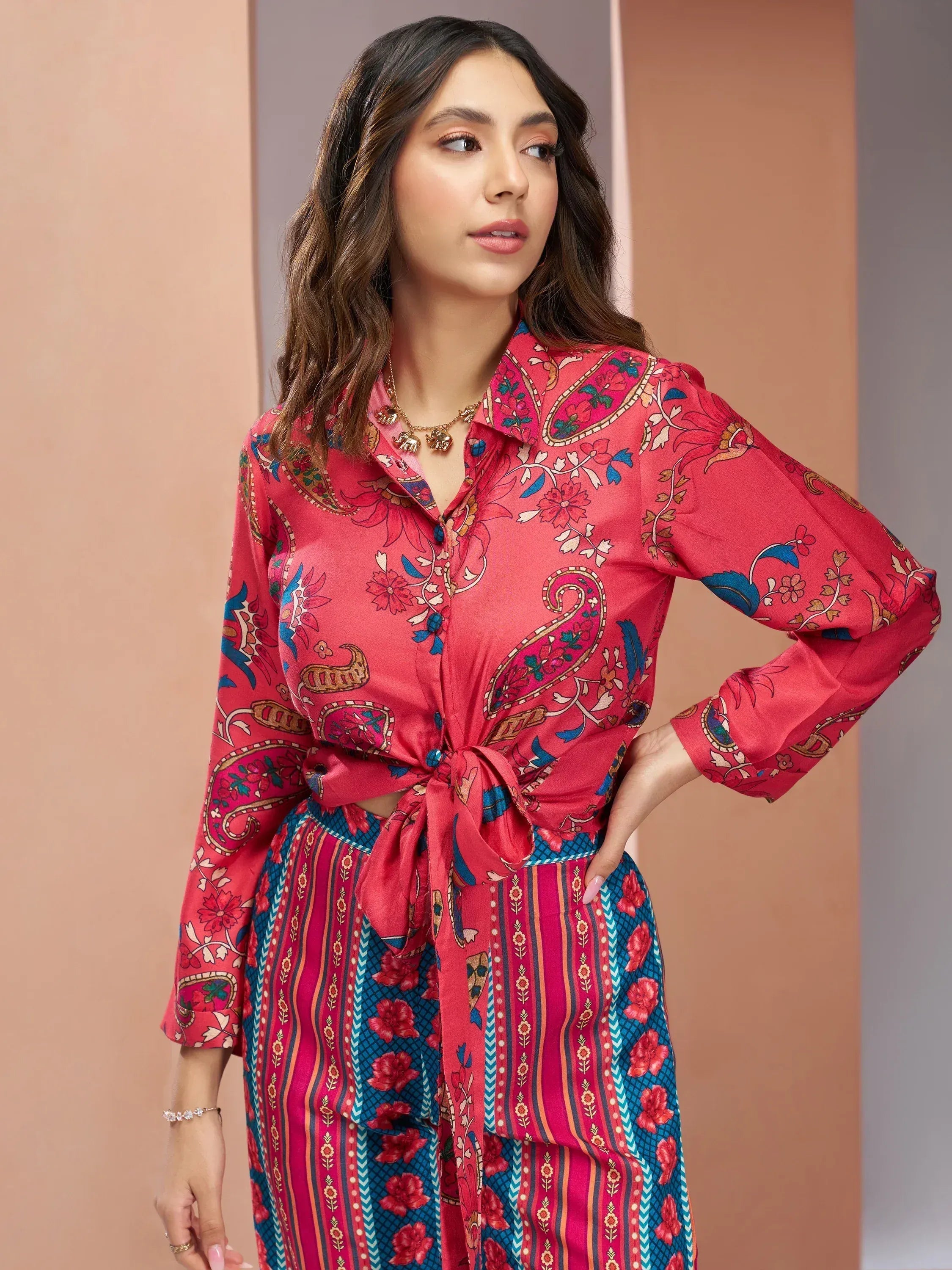 Red paisley print ethnic kurta with tie-front and matching palazzo pants, Indian designer wear