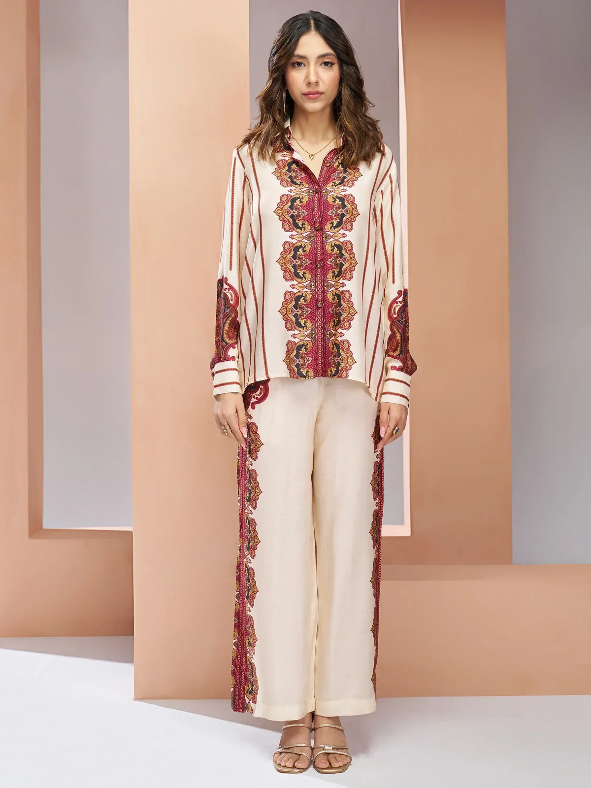 Cream and maroon printed ethnic kurta with palazzo pants, ideal for Indian festive wear