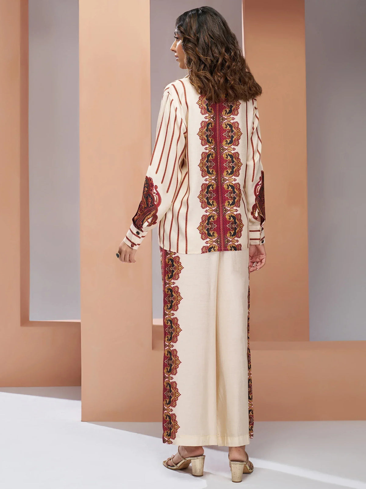 Cream ethnic kurta with red gold paisley print, wide pants, perfect for Indian festive occasions