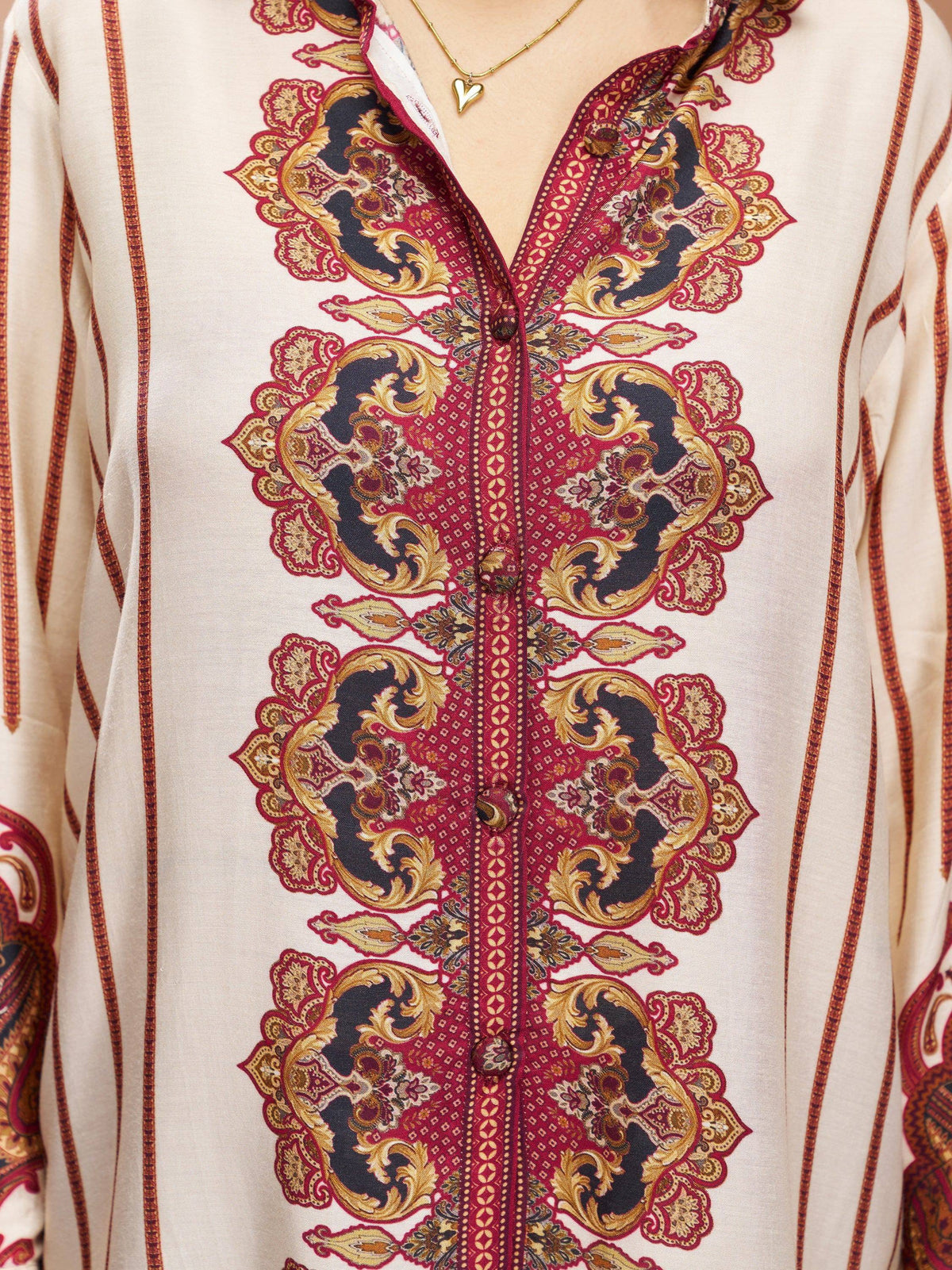 Elegant ethnic kurti with intricate paisley print, perfect for Indian wear and festive occasions.