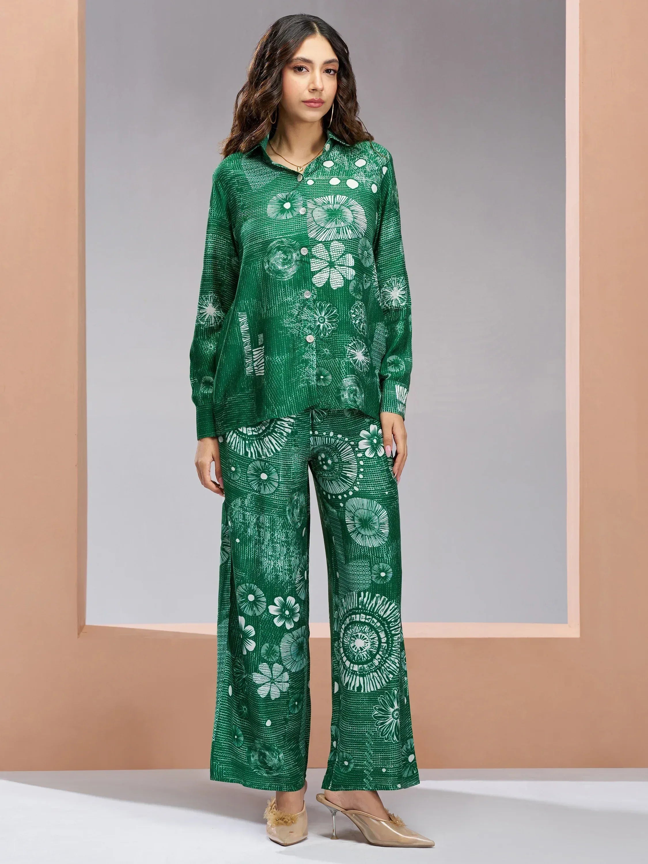 Green floral print ethnic palazzo set with button-down top, stylish Indian wear for women