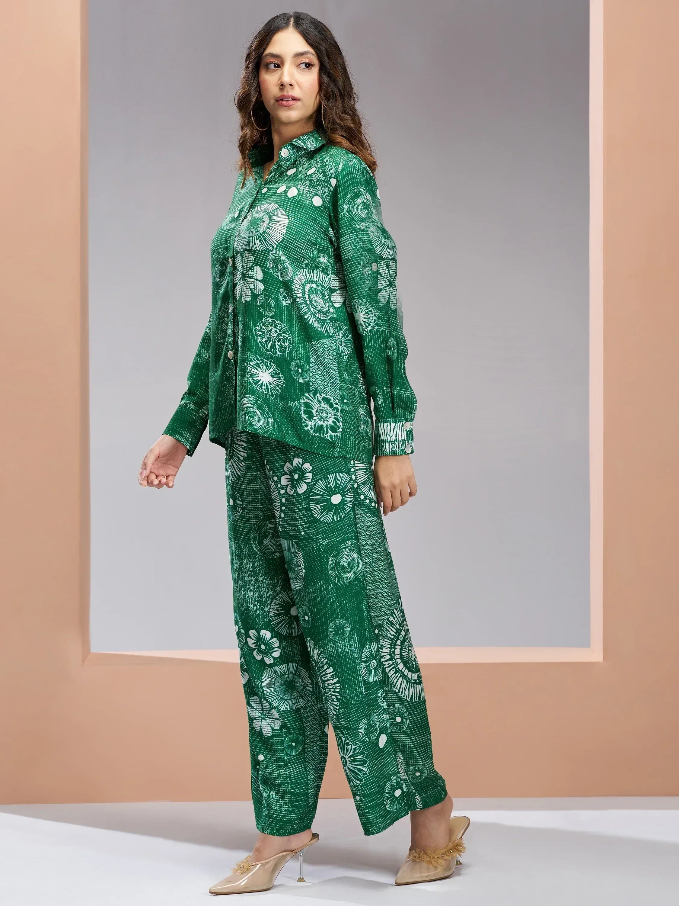 Green floral print ethnic kurta set with wide pants, stylish Indian wear for women