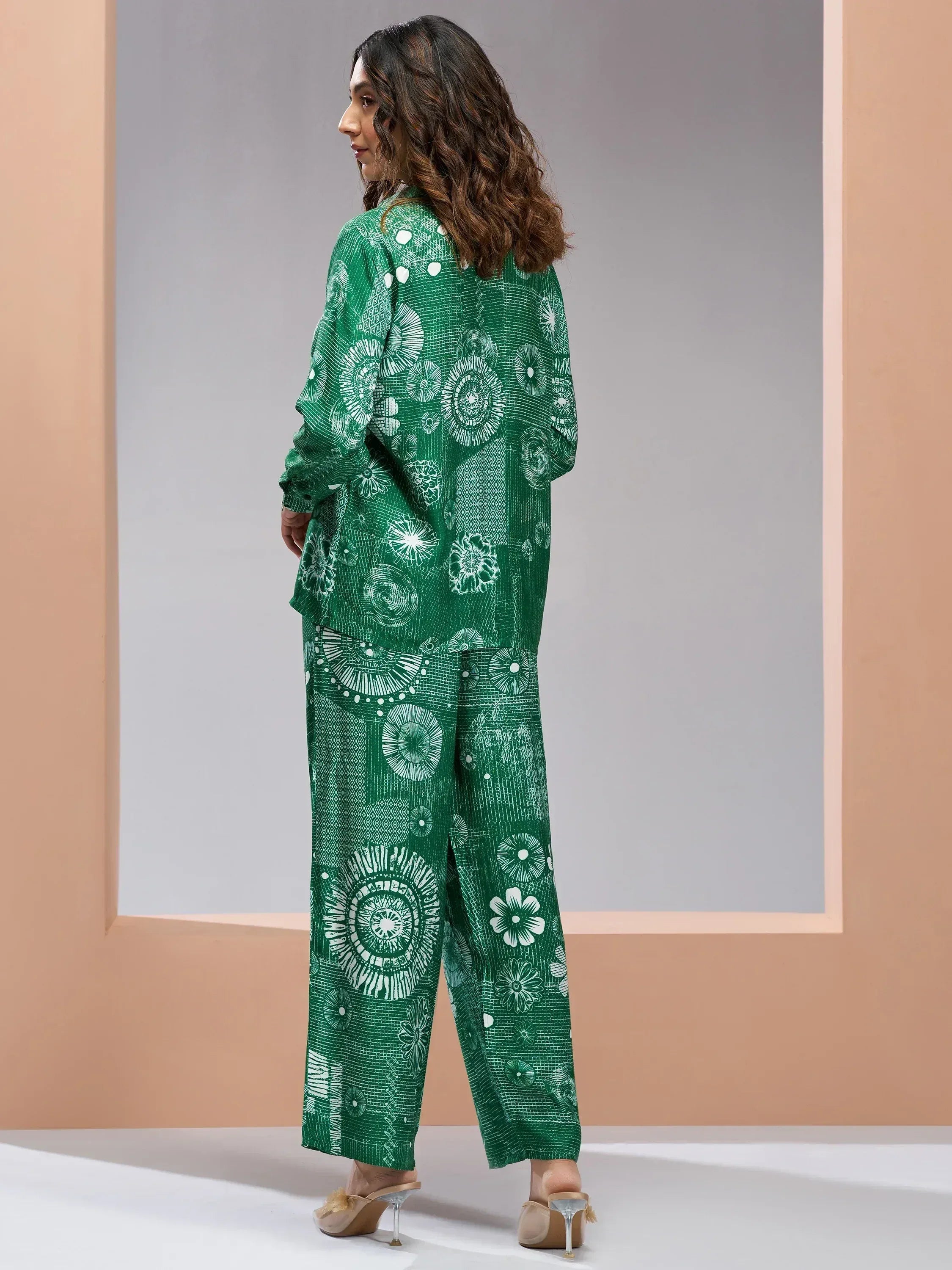 Green floral print ethnic palazzo suit with long sleeves, stylish Indian wear for women