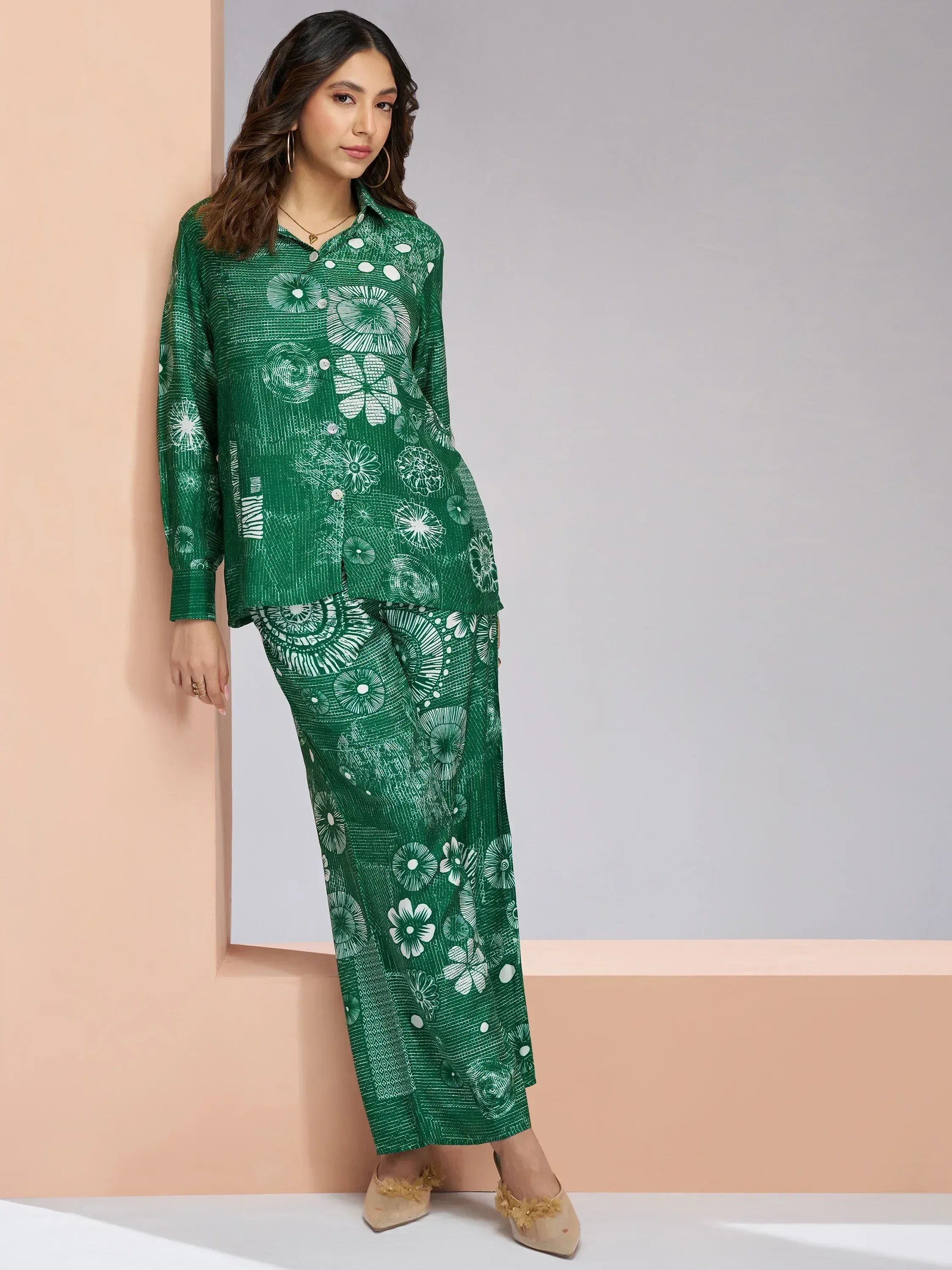 Green floral print ethnic palazzo set with button-down top, stylish Indian wear for women